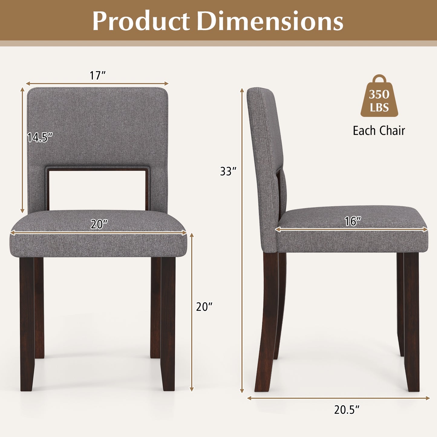 Modern Wooden Dining Chairs with Acacia Wood Frame and Padded Linen Seat and Back - Grey, Set of 2