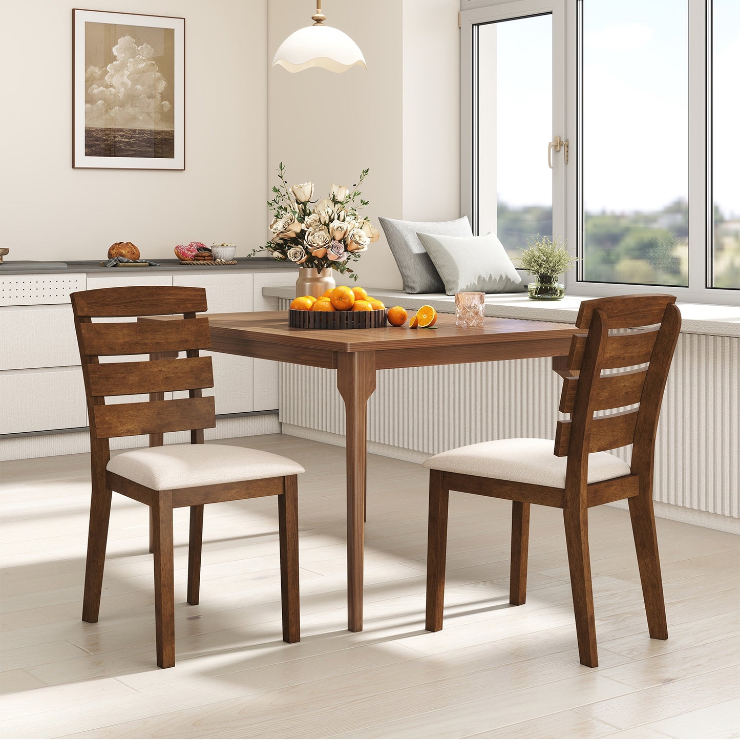 Upholstered Dining Chairs with High Slatted Back and Solid Wood Legs Set of 2