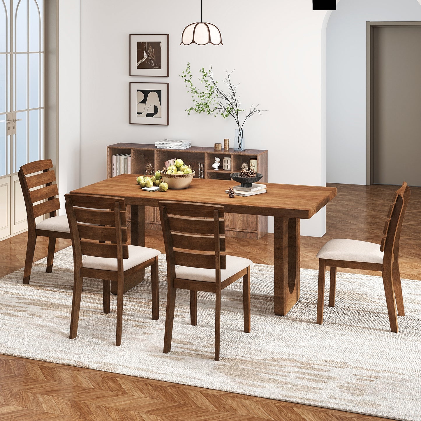 Upholstered Dining Chairs with High Slatted Back and Solid Wood Legs Set of 2