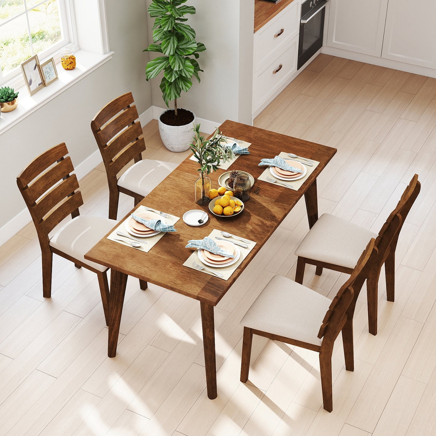 Upholstered Dining Chairs with High Slatted Back and Solid Wood Legs Set of 2