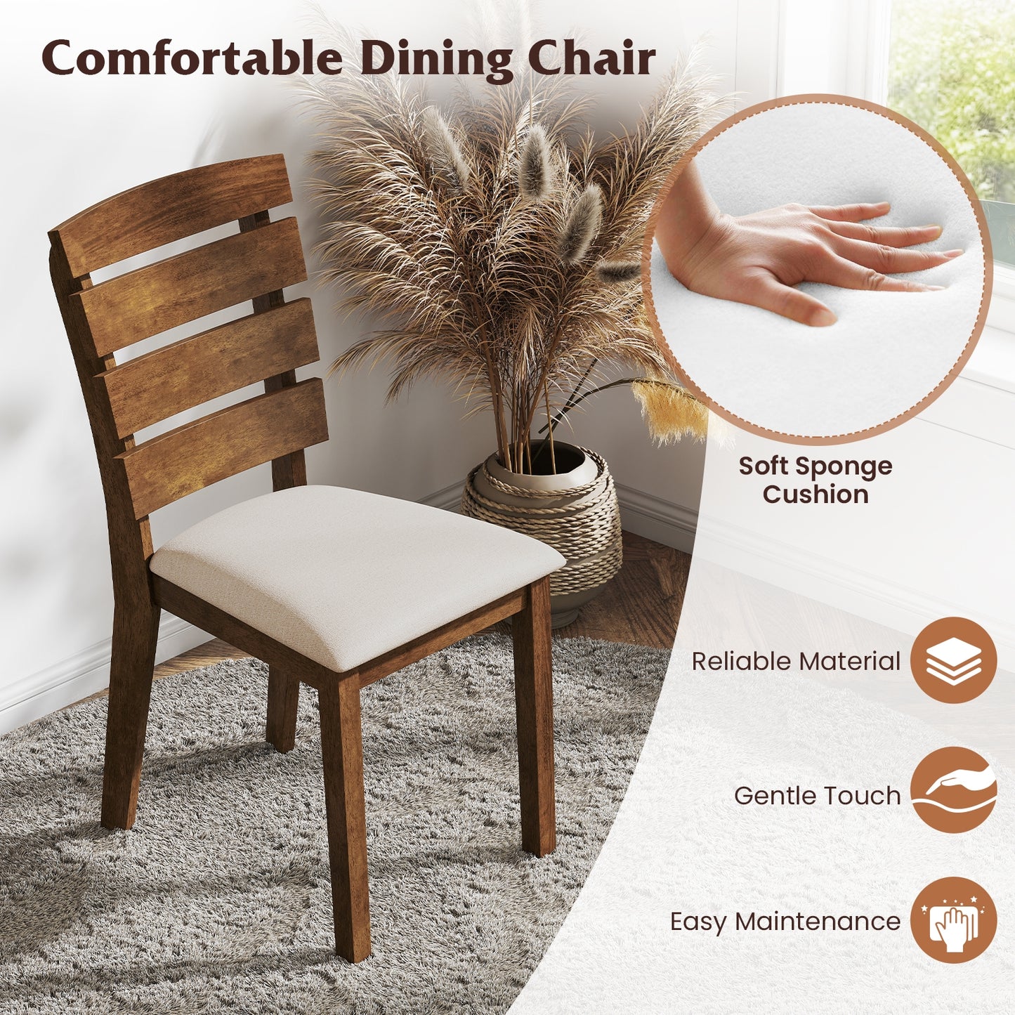 Upholstered Dining Chairs with High Slatted Back and Solid Wood Legs Set of 2