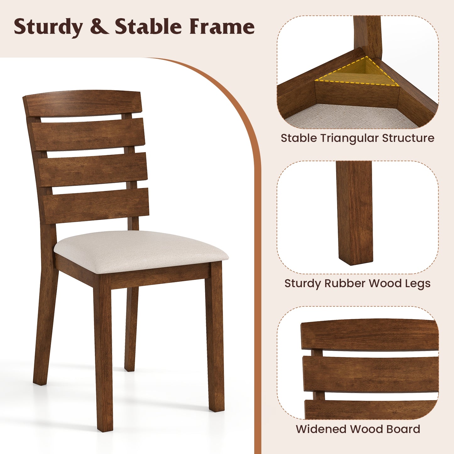 Upholstered Dining Chairs with High Slatted Back and Solid Wood Legs Set of 2
