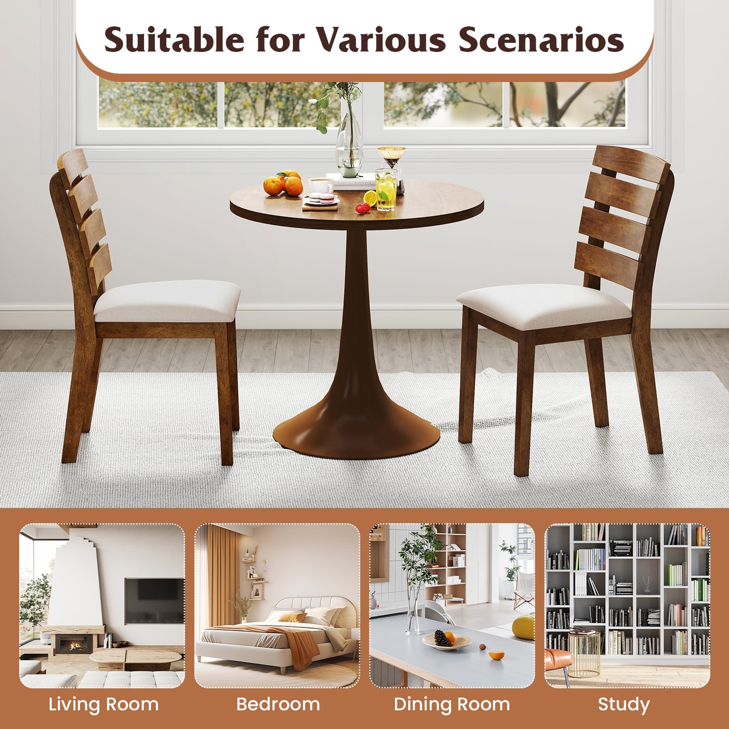 Upholstered Dining Chairs with High Slatted Back and Solid Wood Legs Set of 2