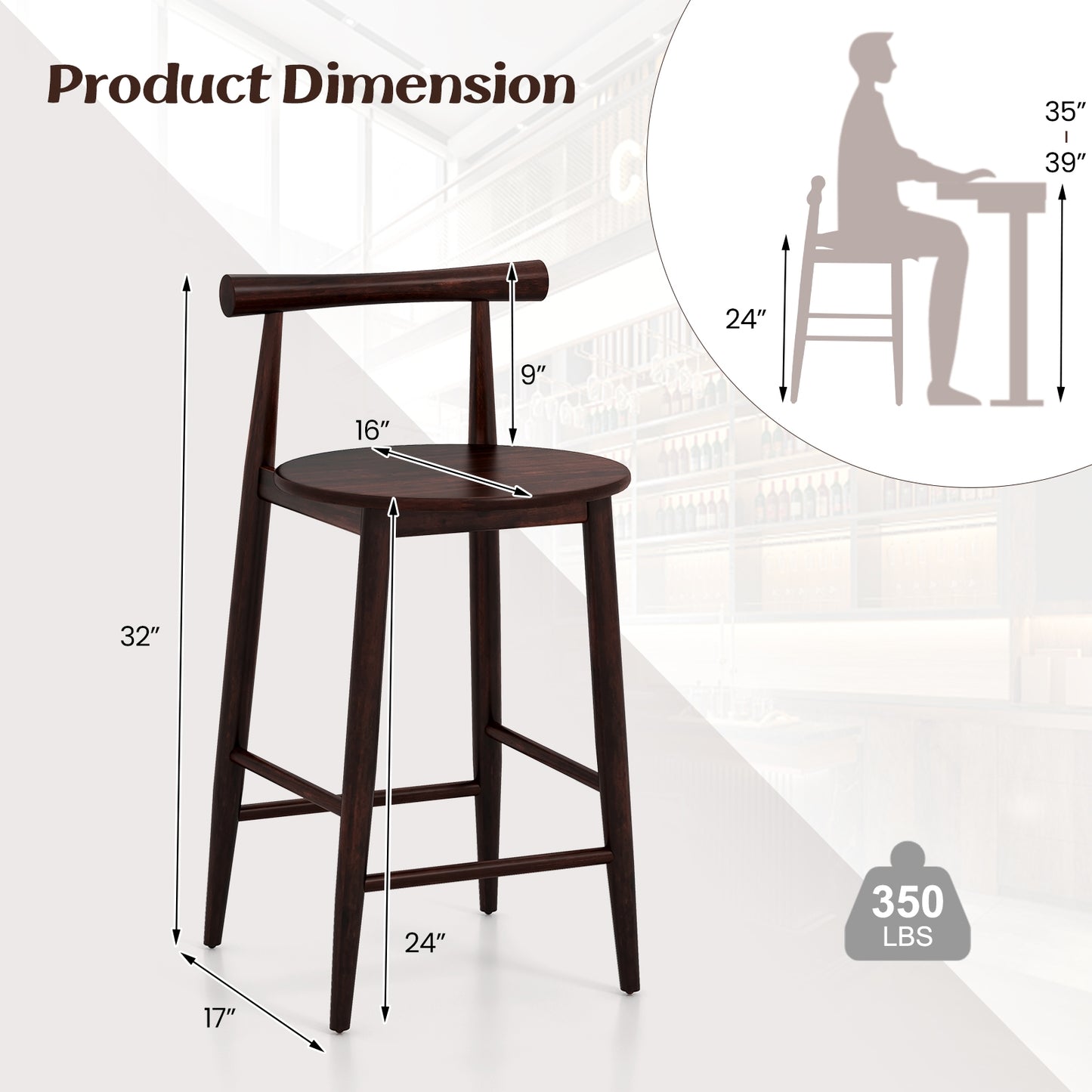 Counter Height Kitchen Island Chairs with Acacia Wood Base and Comfortable 24" Seat – Brown, Set of 2