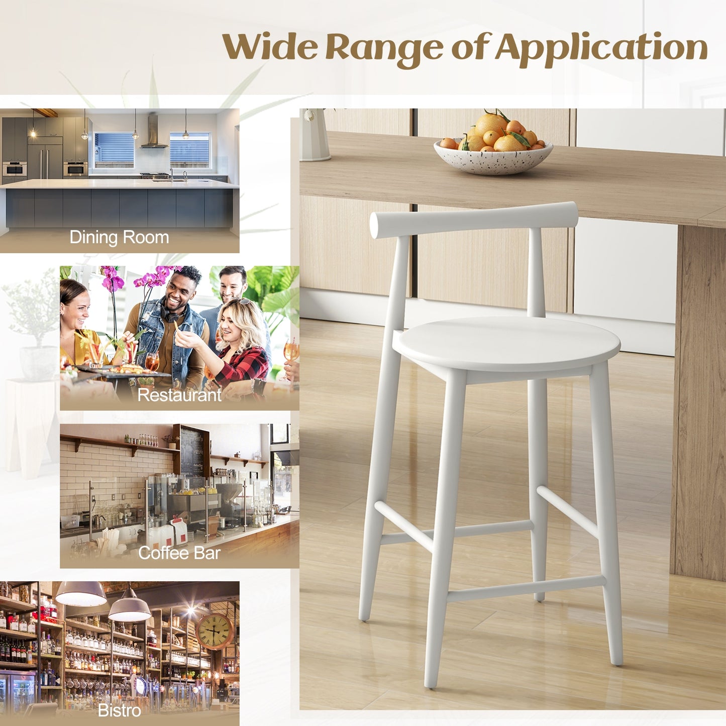 Counter Height Kitchen Island Chairs with Acacia Wood Base and Comfortable 24" Seat – White, Set of 2