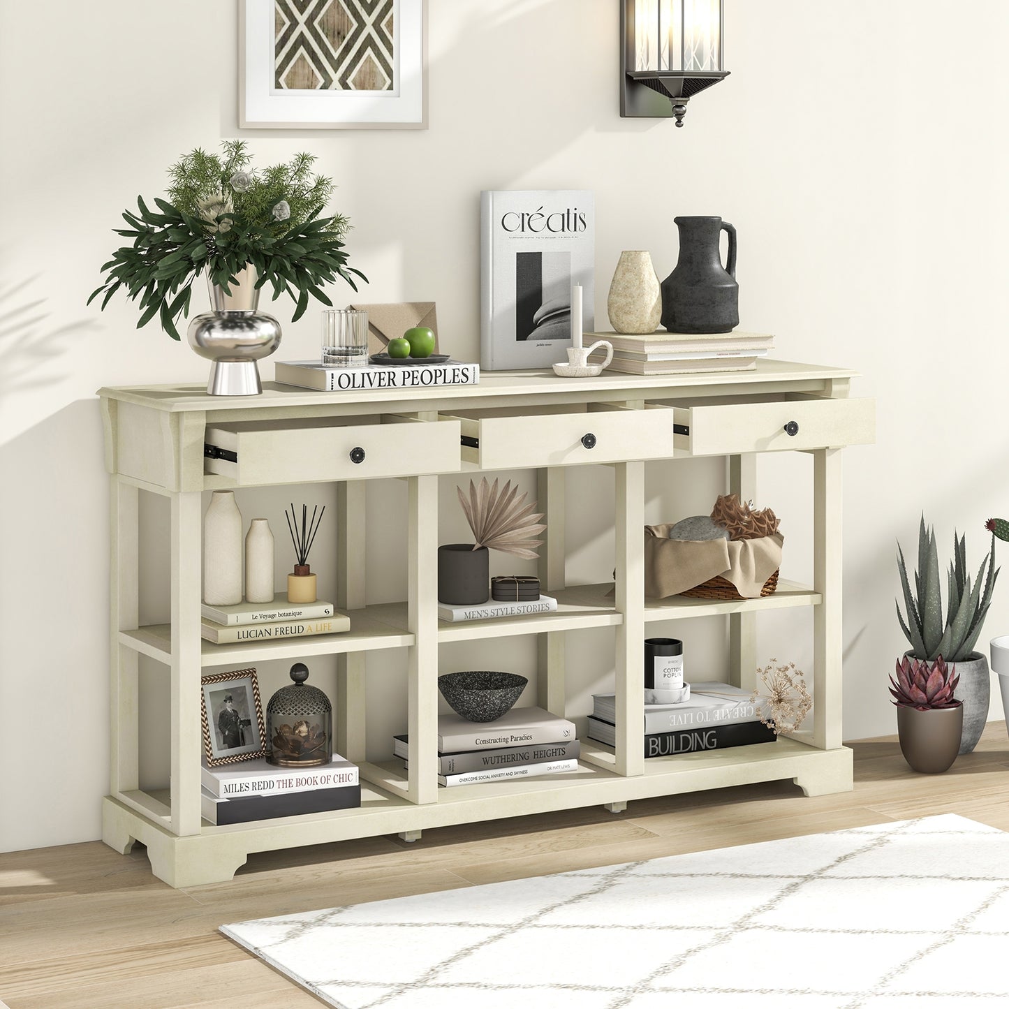 Vintage Style Console Table with Three Drawers and Open Shelves 58 Inch Entryway Accent Table - White