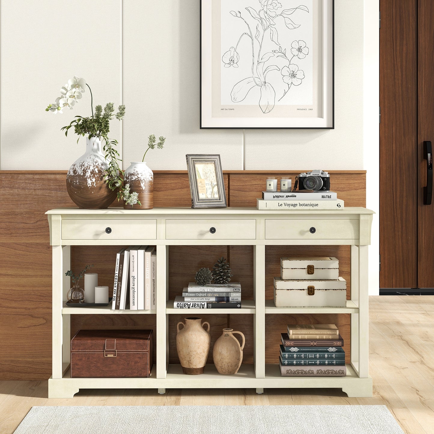Vintage Style Console Table with Three Drawers and Open Shelves 58 Inch Entryway Accent Table - White