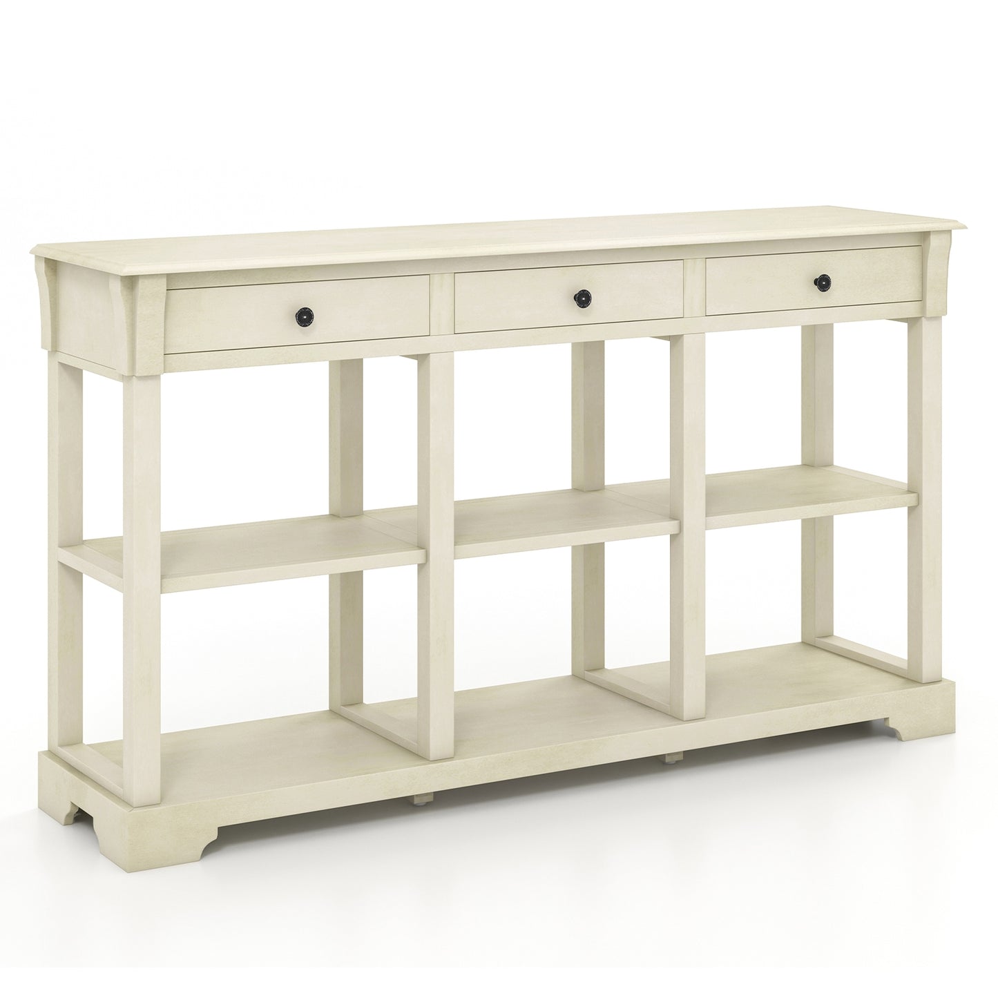 Vintage Style Console Table with Three Drawers and Open Shelves 58 Inch Entryway Accent Table - White