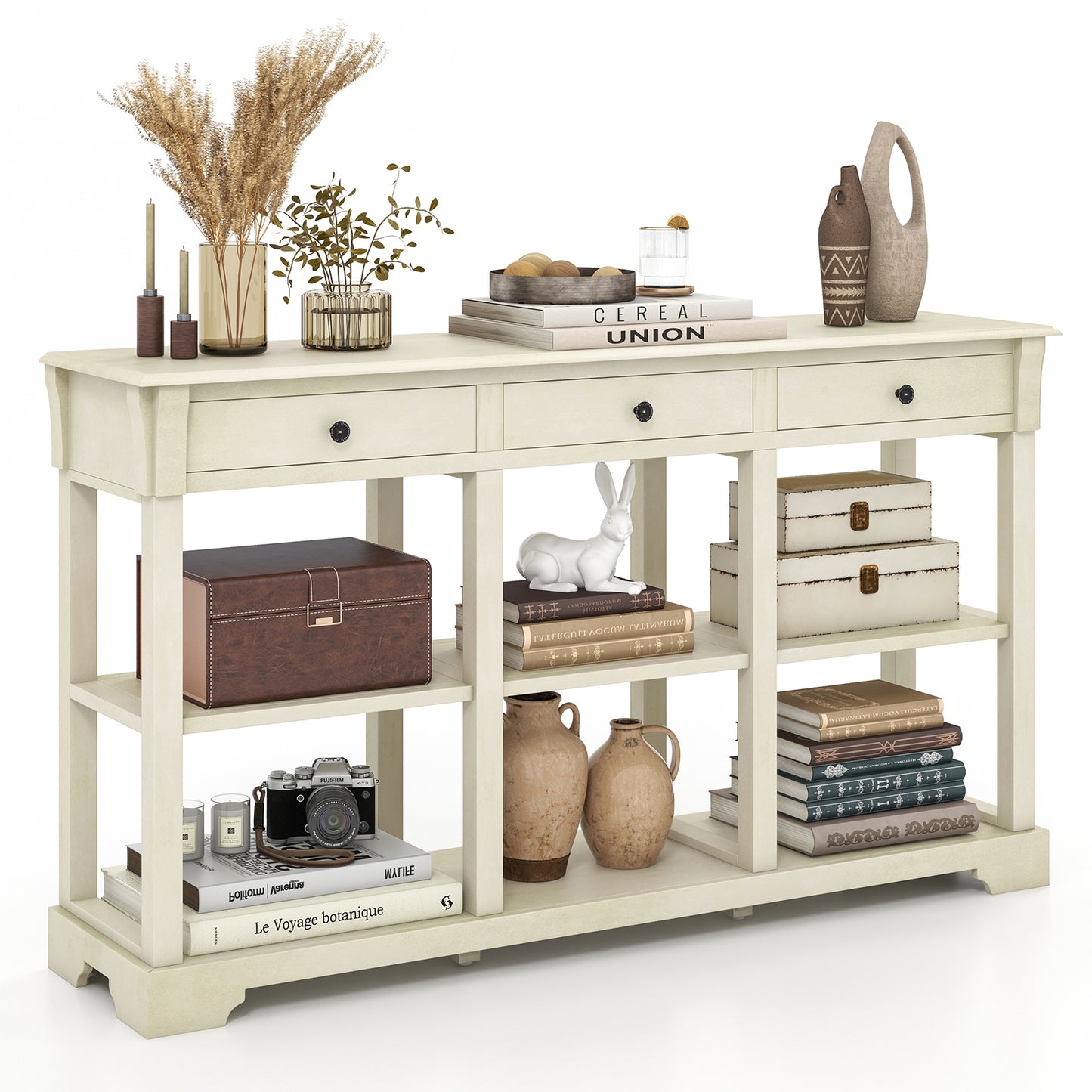 Vintage Style Console Table with Three Drawers and Open Shelves 58 Inch Entryway Accent Table - White