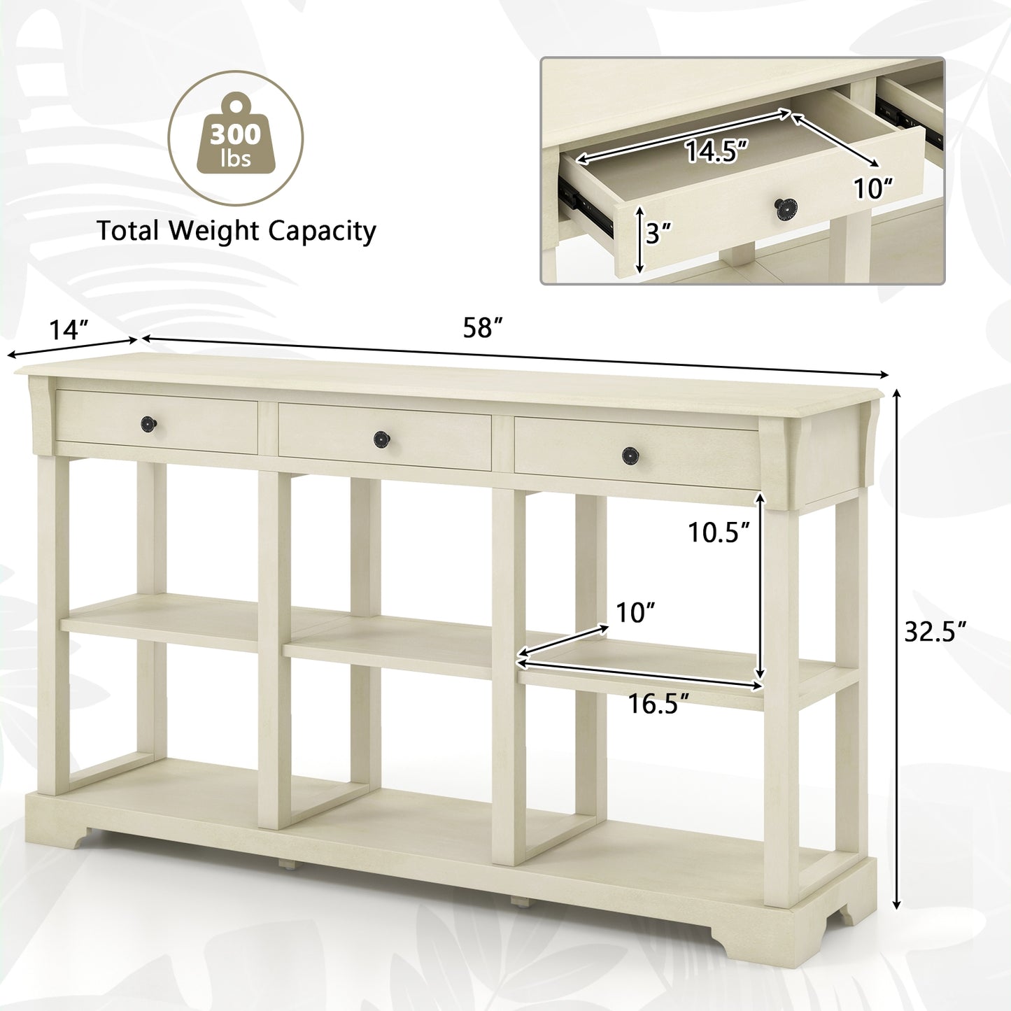 Vintage Style Console Table with Three Drawers and Open Shelves 58 Inch Entryway Accent Table - White