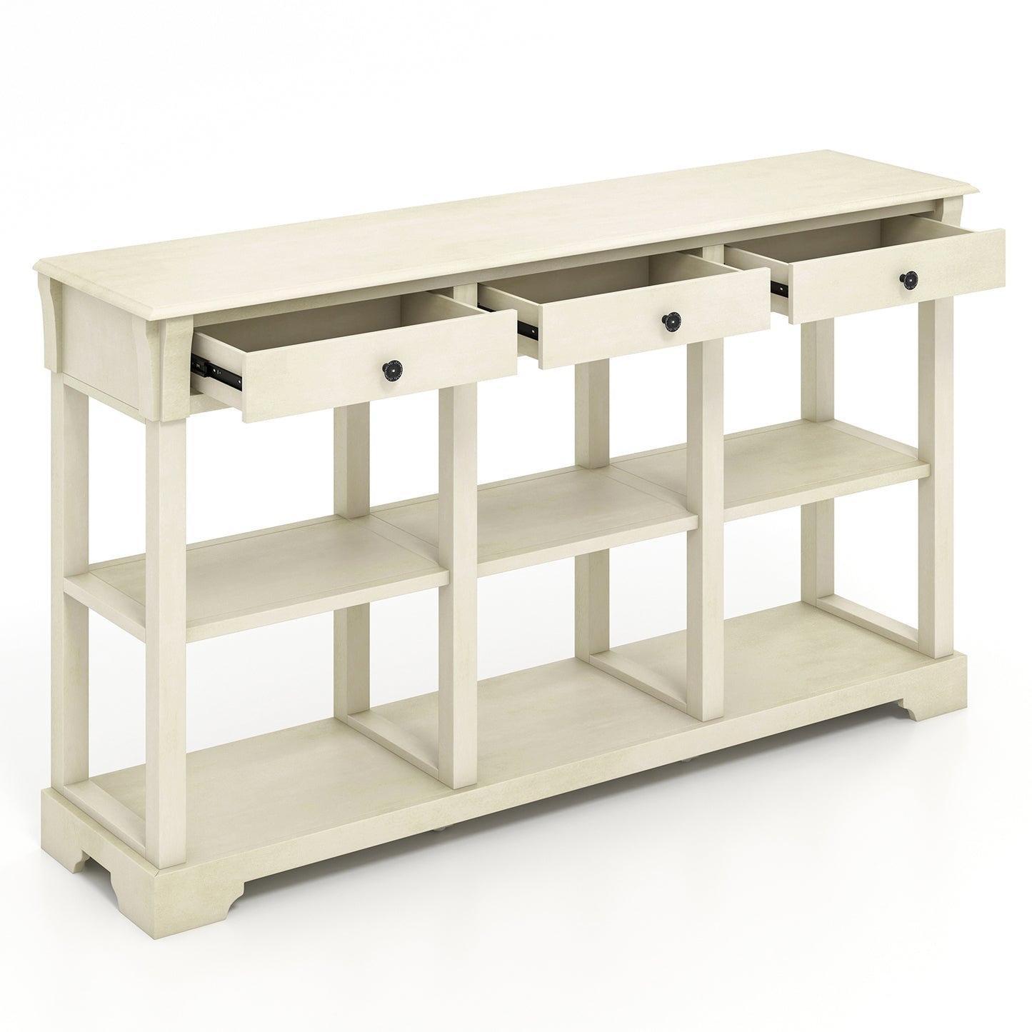 Vintage Style Console Table with Three Drawers and Open Shelves 58 Inch Entryway Accent Table - White