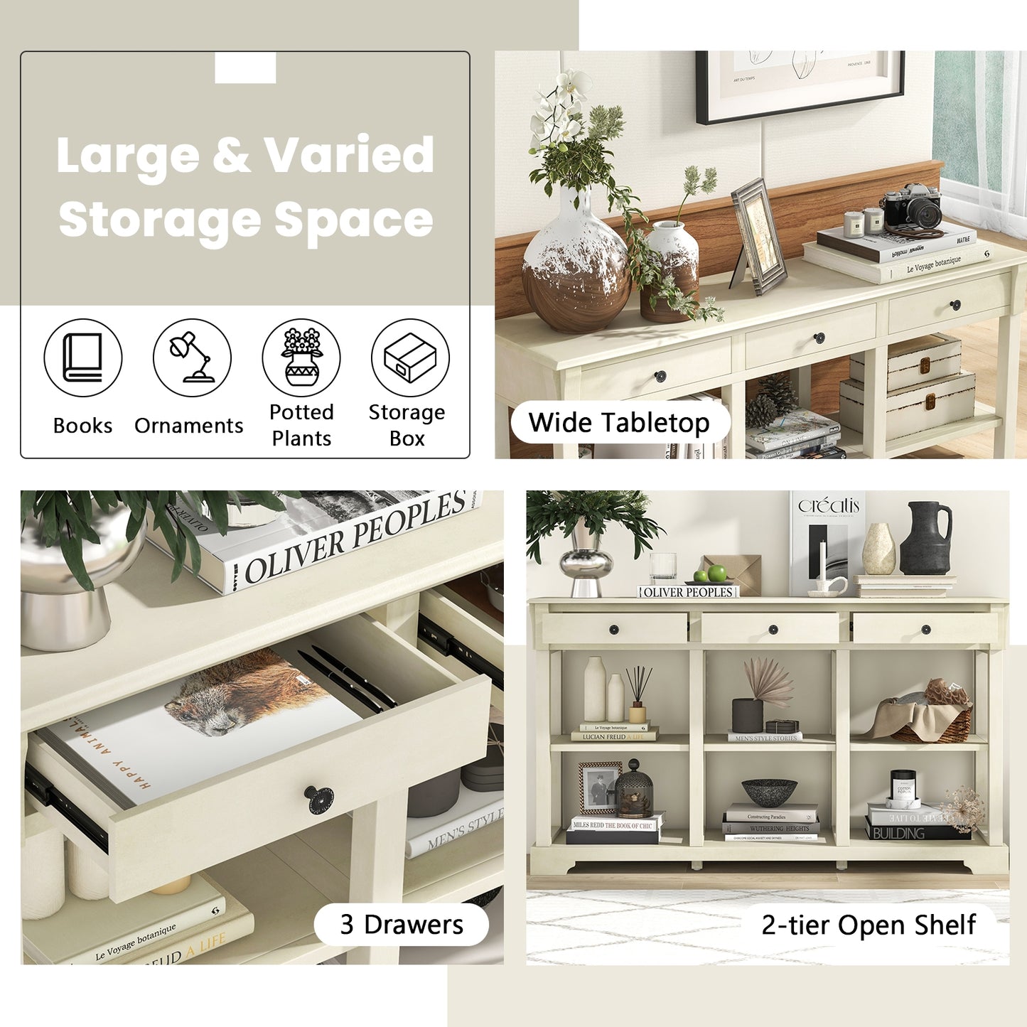Vintage Style Console Table with Three Drawers and Open Shelves 58 Inch Entryway Accent Table - White