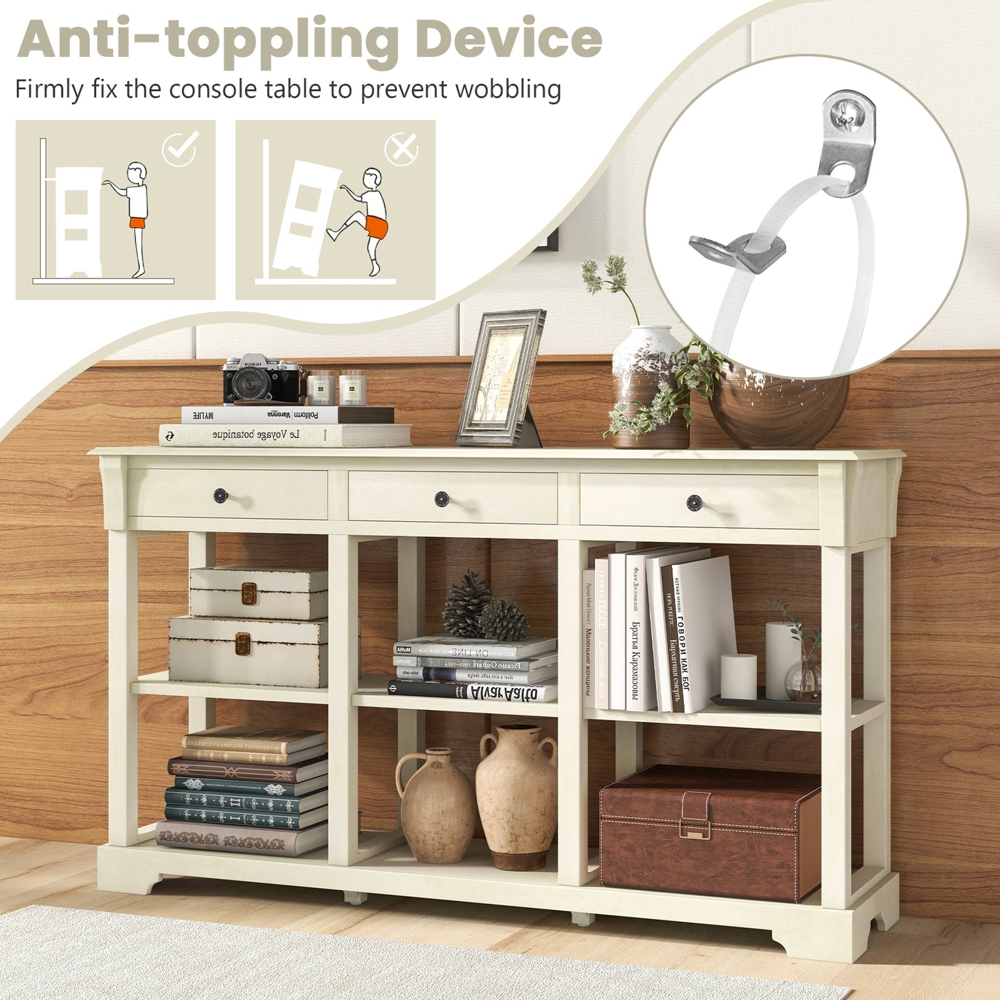 Vintage Style Console Table with Three Drawers and Open Shelves 58 Inch Entryway Accent Table - White