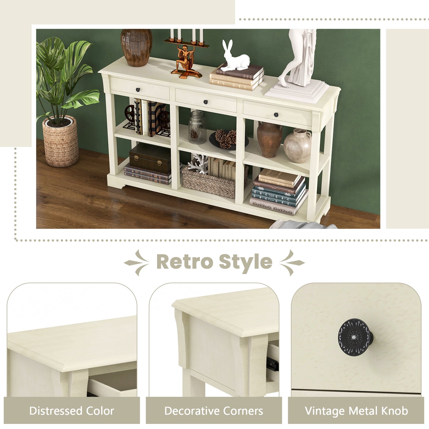 Vintage Style Console Table with Three Drawers and Open Shelves 58 Inch Entryway Accent Table - White