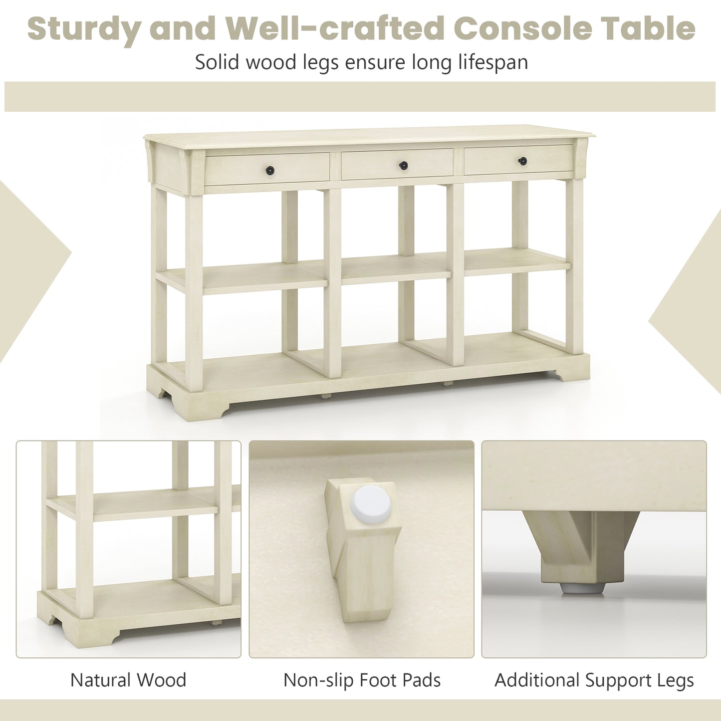 Vintage Style Console Table with Three Drawers and Open Shelves 58 Inch Entryway Accent Table - White