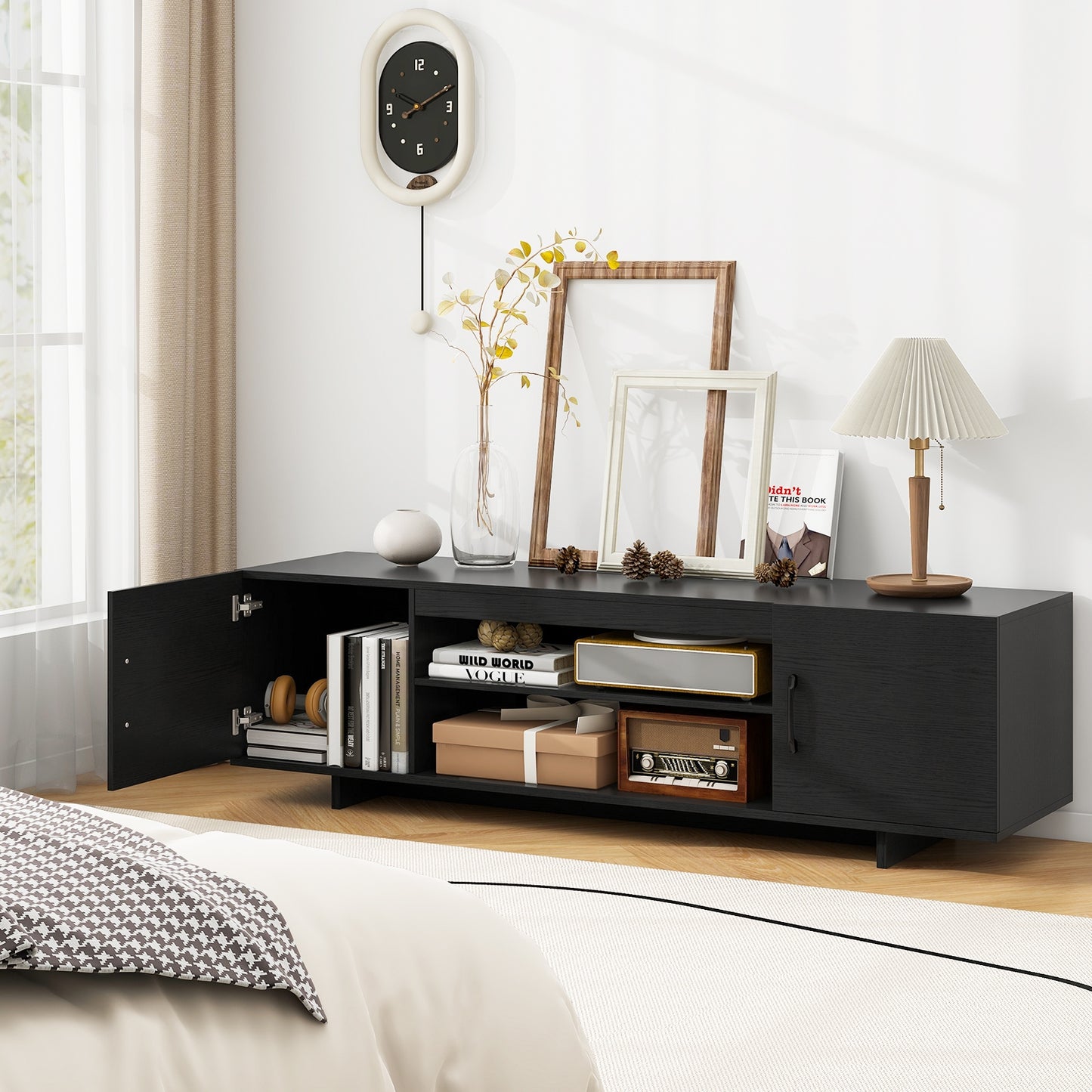 60 Inch TV Stand with Power Outlet, Cable Management, and Storage for 65 Inch TVs - Black