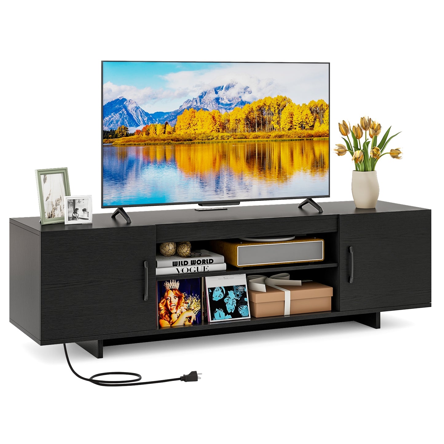 60 Inch TV Stand with Power Outlet, Cable Management, and Storage for 65 Inch TVs - Black