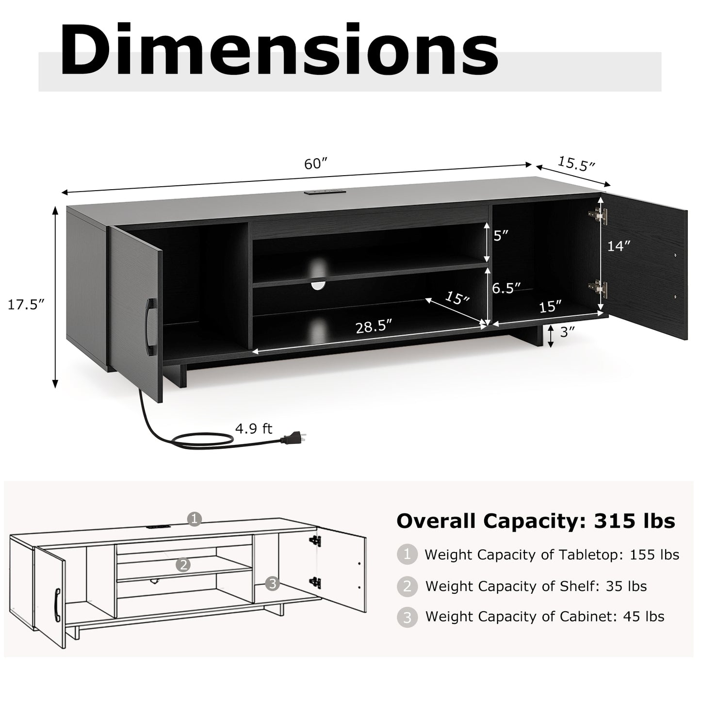 60 Inch TV Stand with Power Outlet, Cable Management, and Storage for 65 Inch TVs - Black
