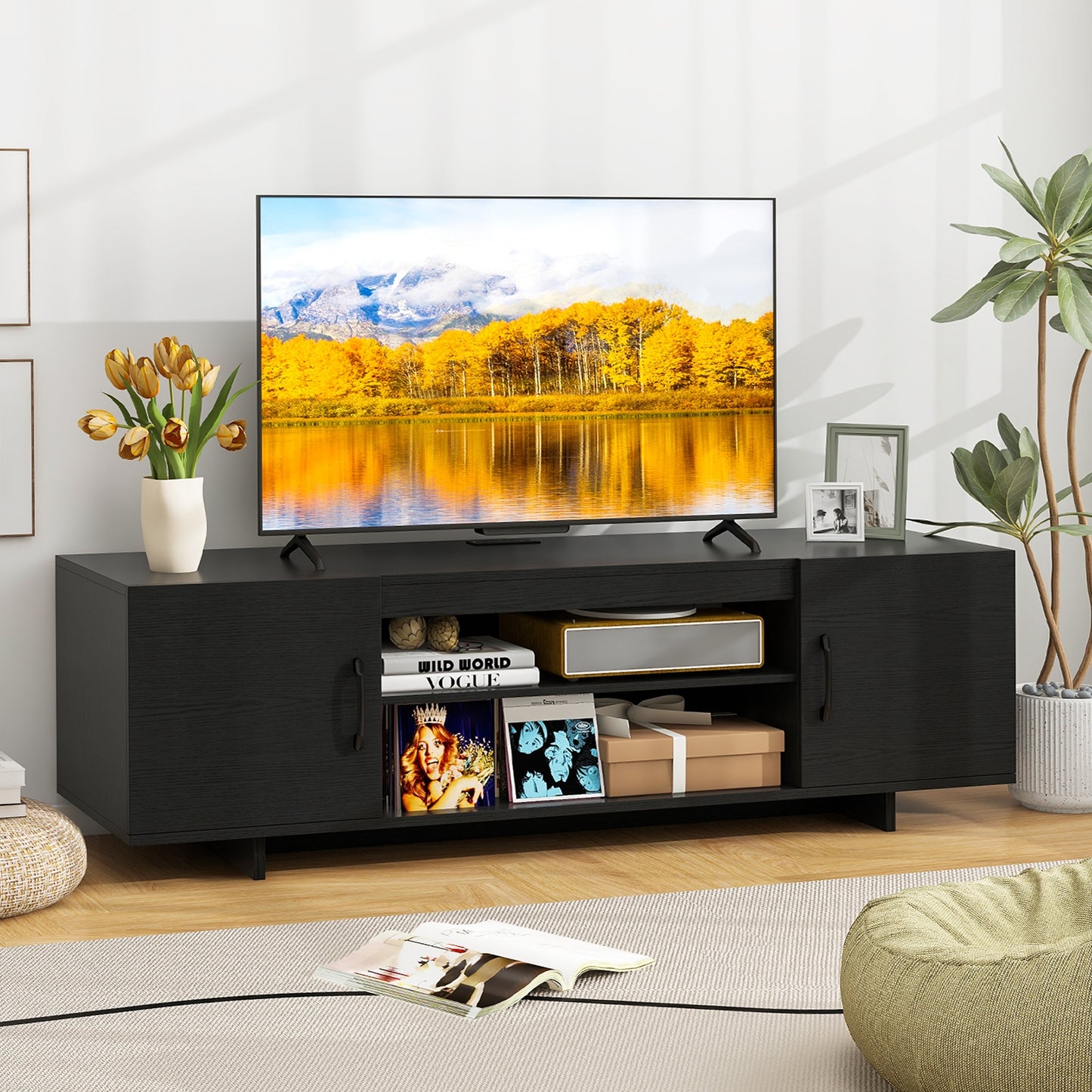 60 Inch TV Stand with Power Outlet, Cable Management, and Storage for 65 Inch TVs - Black