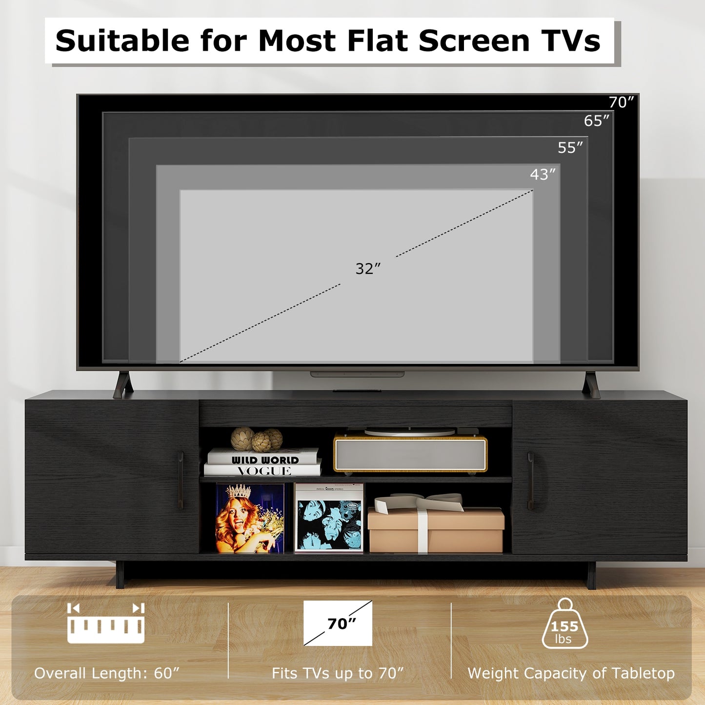 60 Inch TV Stand with Power Outlet, Cable Management, and Storage for 65 Inch TVs - Black