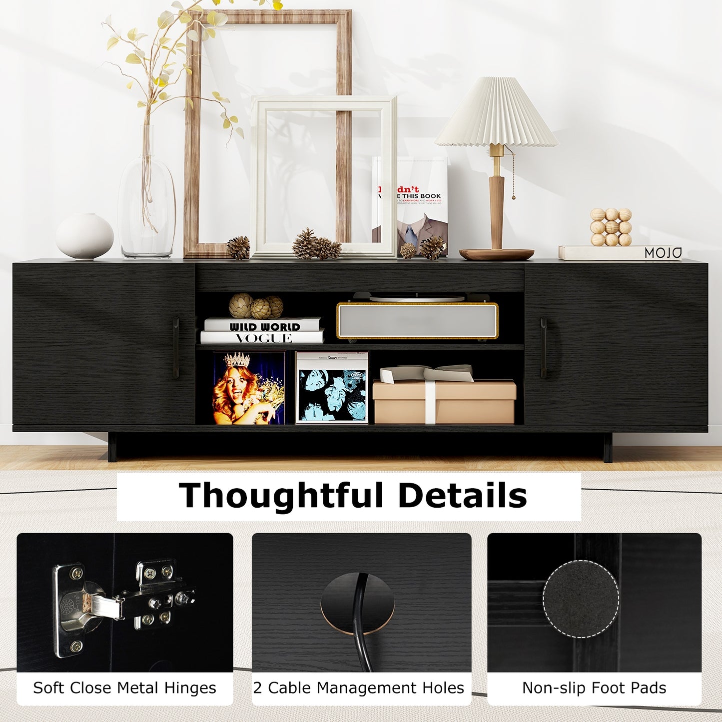 60 Inch TV Stand with Power Outlet, Cable Management, and Storage for 65 Inch TVs - Black