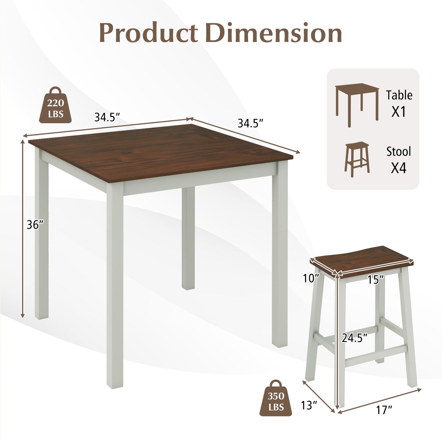 5 Piece Counter Height Dining Set with 4 Comfortable Saddle Stools for Kitchen and Apartment