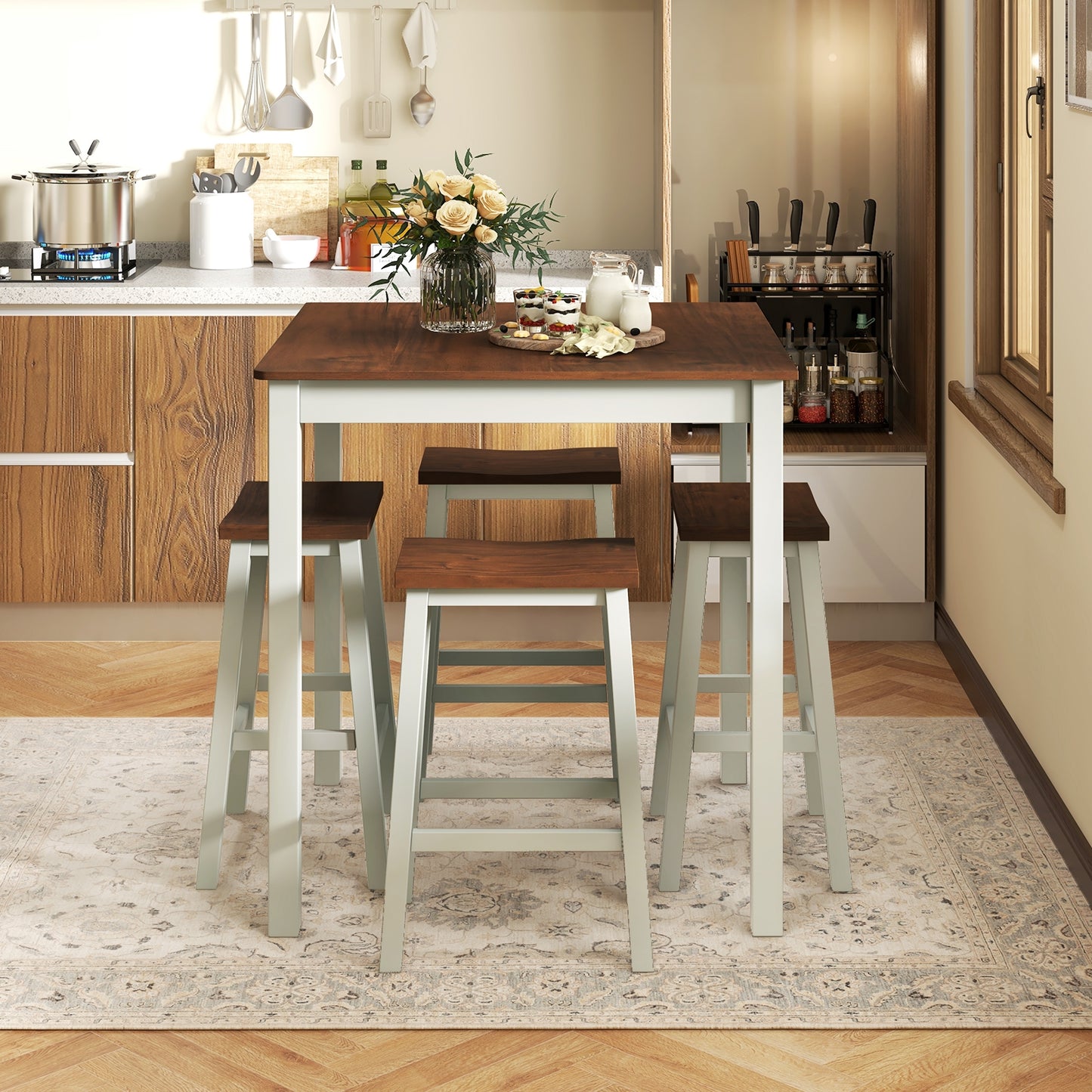 5 Piece Counter Height Dining Set with 4 Comfortable Saddle Stools for Kitchen and Apartment