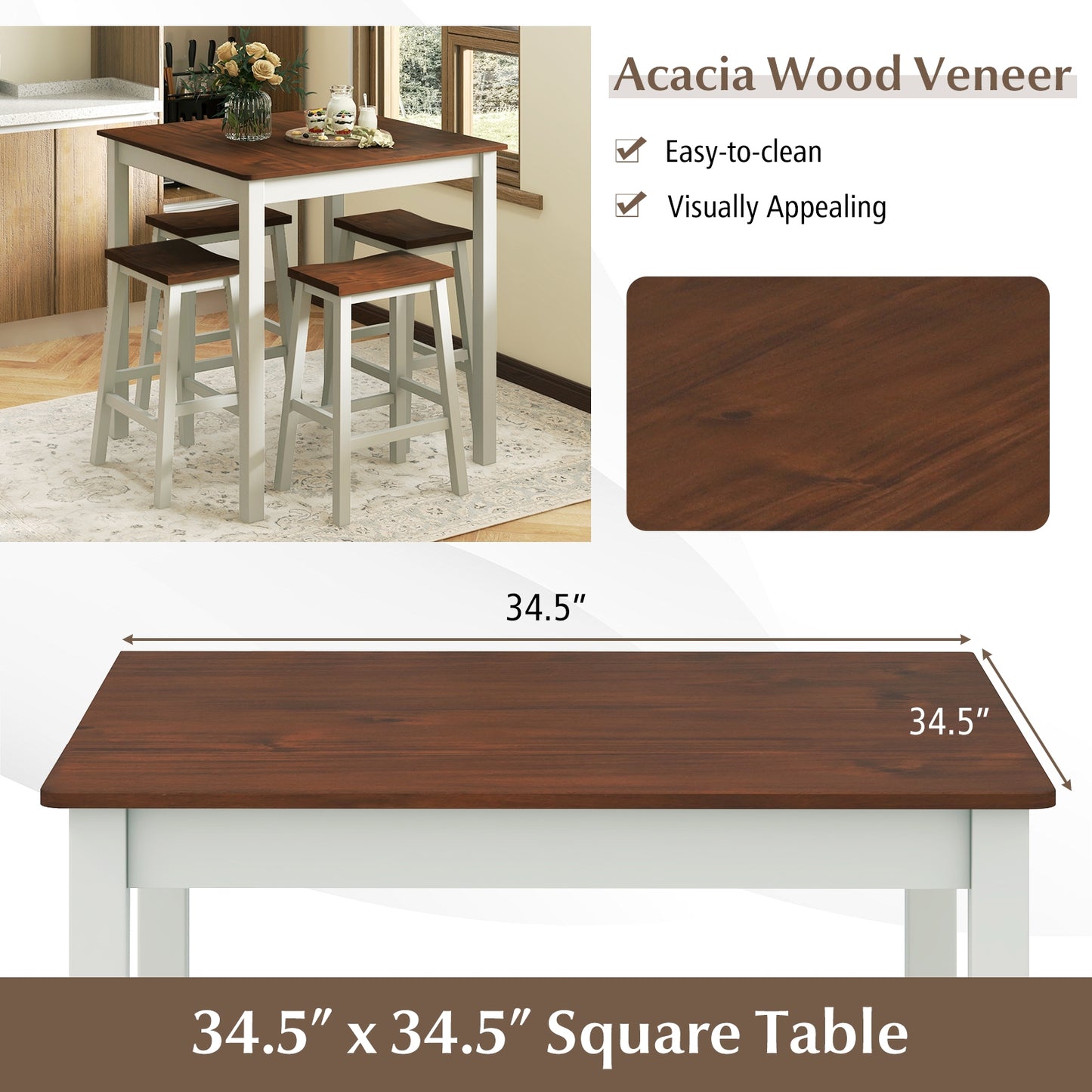 5 Piece Counter Height Dining Set with 4 Comfortable Saddle Stools for Kitchen and Apartment