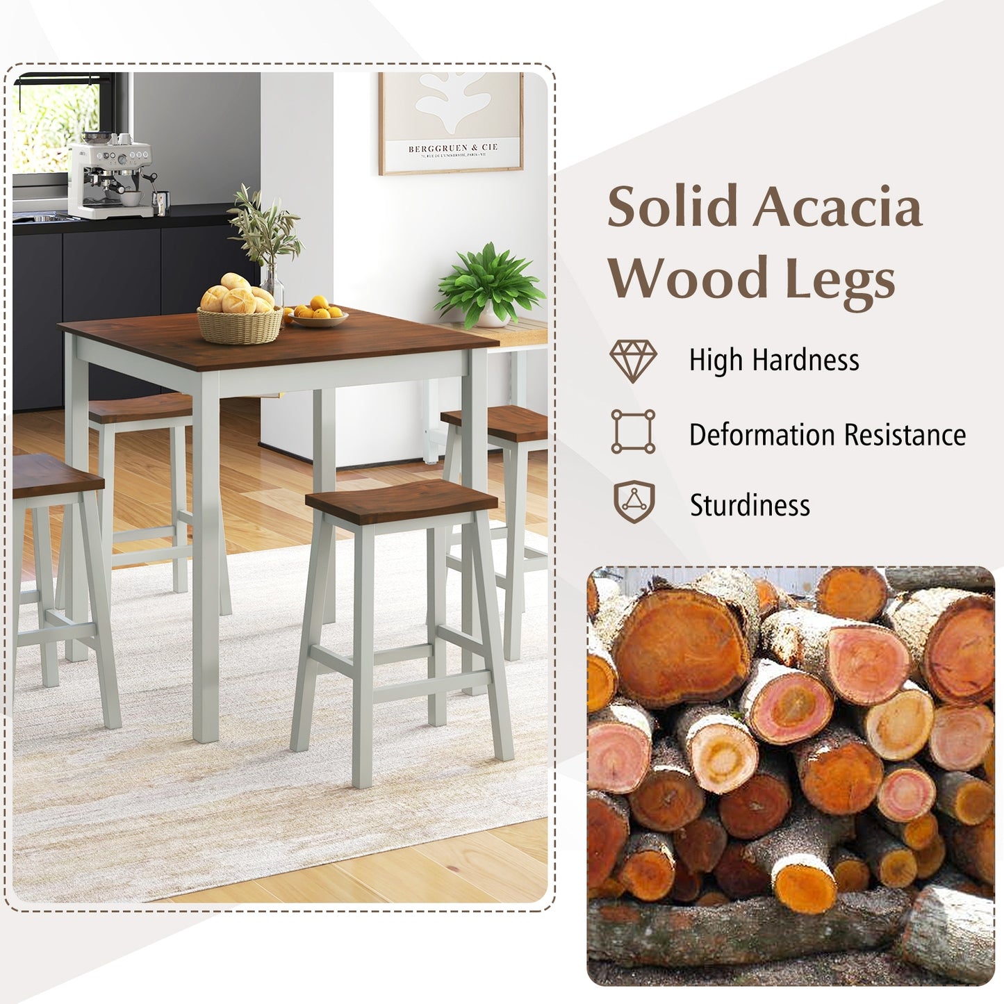 5 Piece Counter Height Dining Set with 4 Comfortable Saddle Stools for Kitchen and Apartment