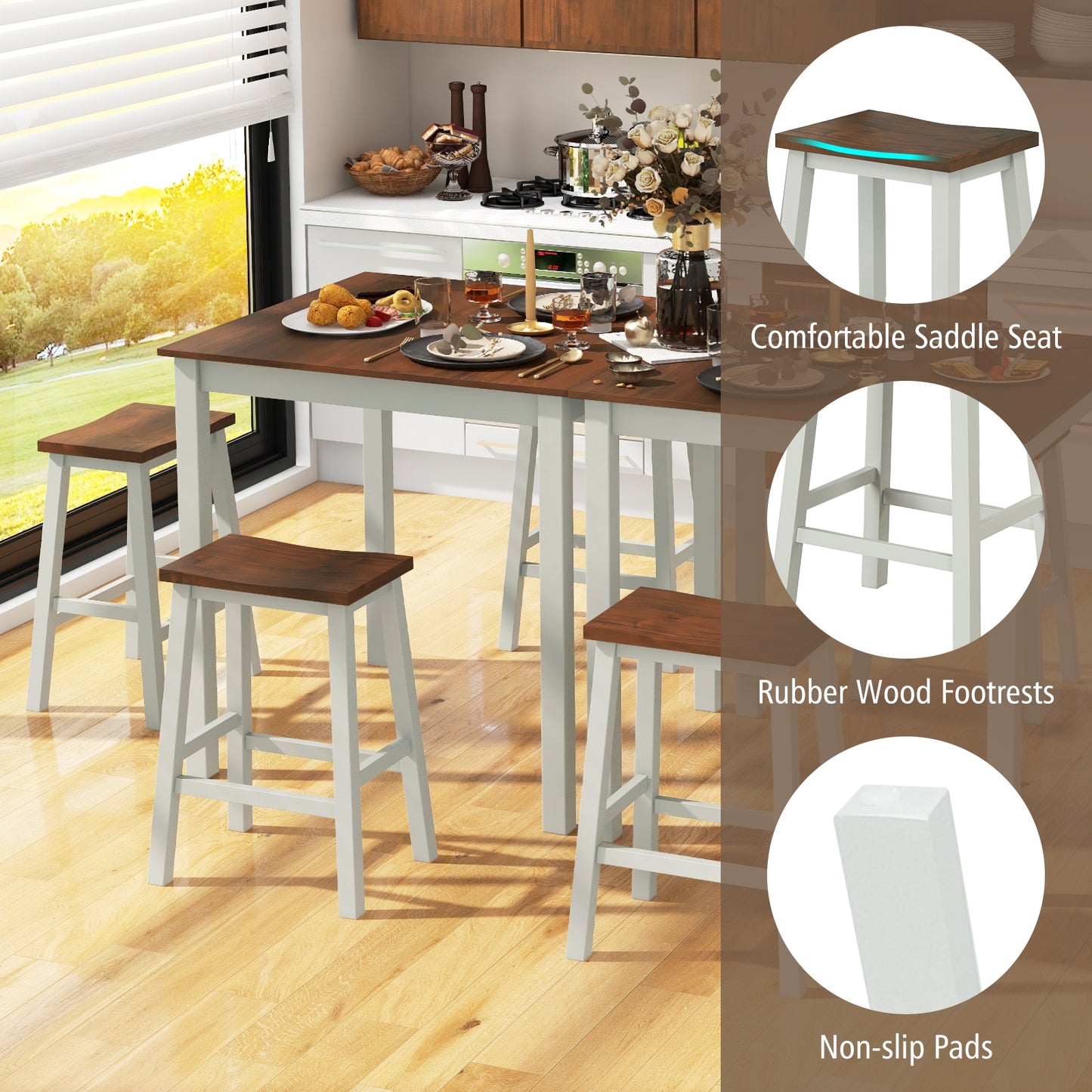 5 Piece Counter Height Dining Set with 4 Comfortable Saddle Stools for Kitchen and Apartment