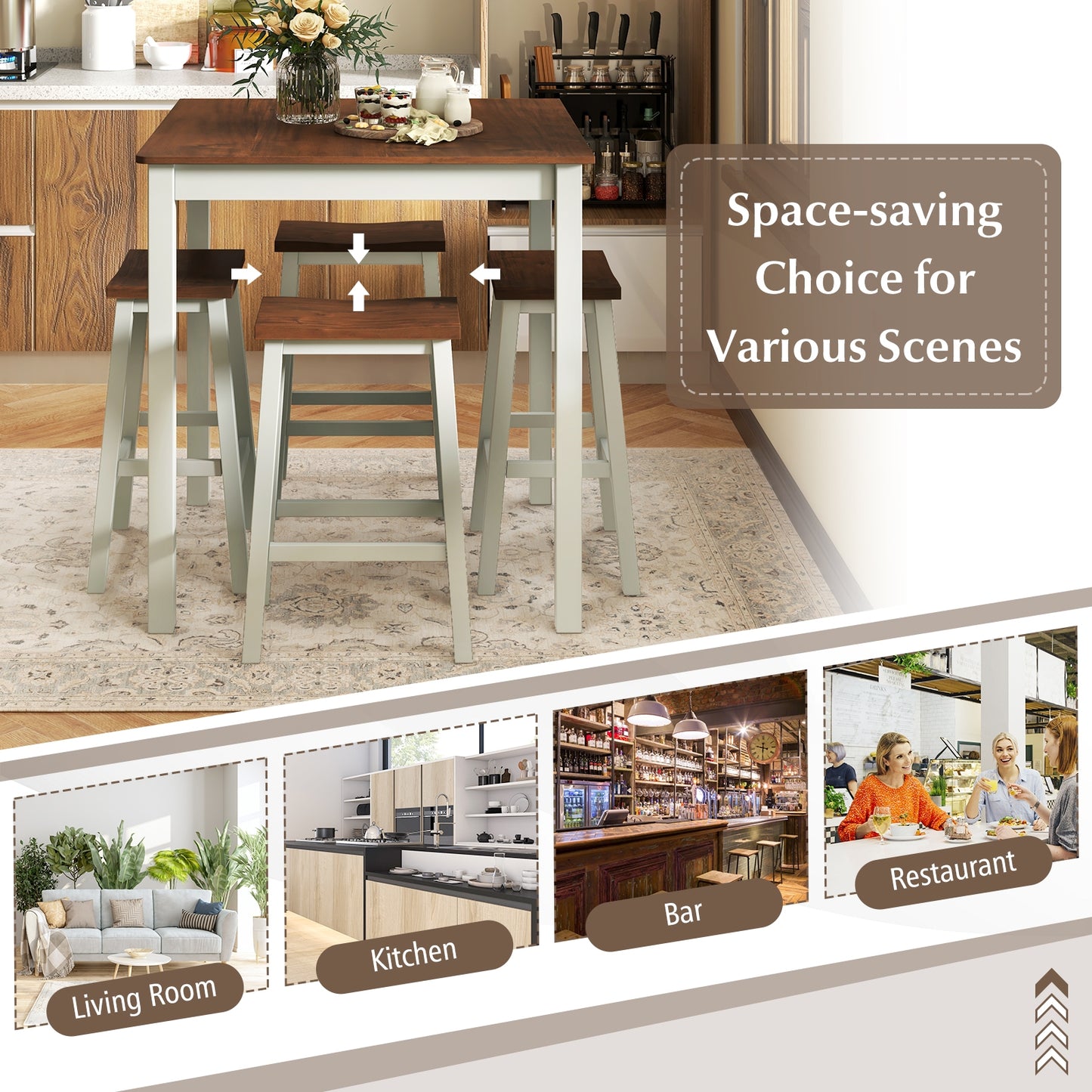 5 Piece Counter Height Dining Set with 4 Comfortable Saddle Stools for Kitchen and Apartment