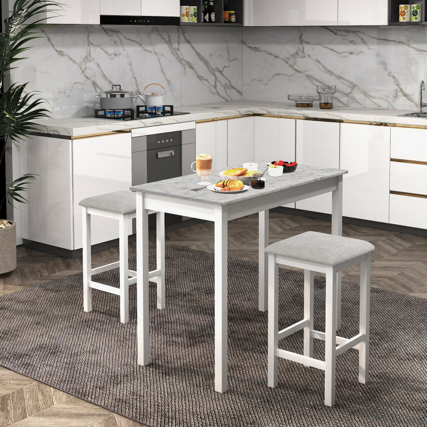 Modern Counter Height Dining Set with Table and 2 Padded Bar Stools in White Finish