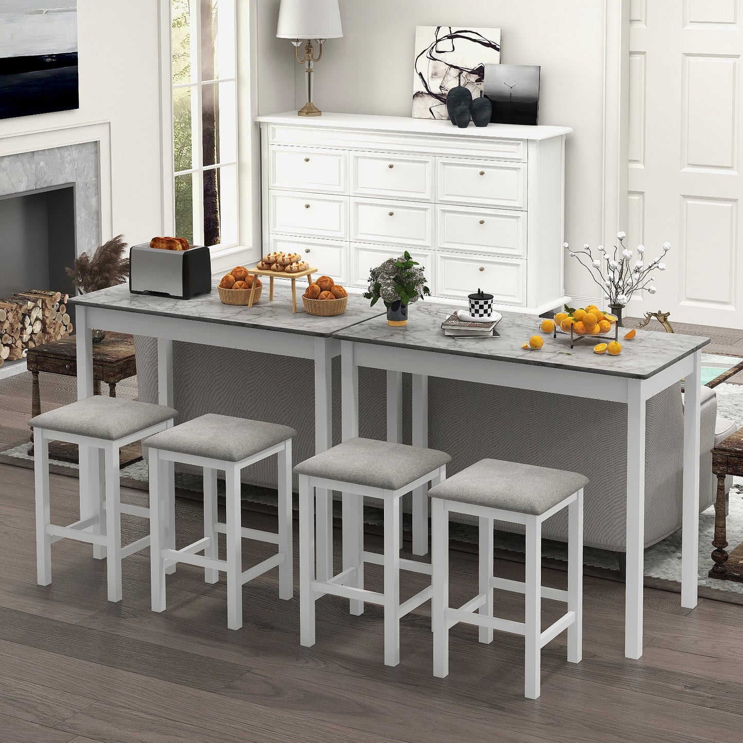 Modern Counter Height Dining Set with Table and 2 Padded Bar Stools in White Finish