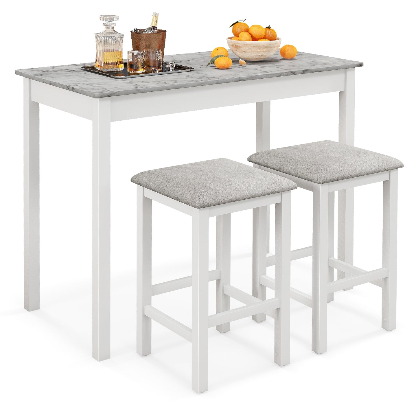 Modern Counter Height Dining Set with Table and 2 Padded Bar Stools in White Finish