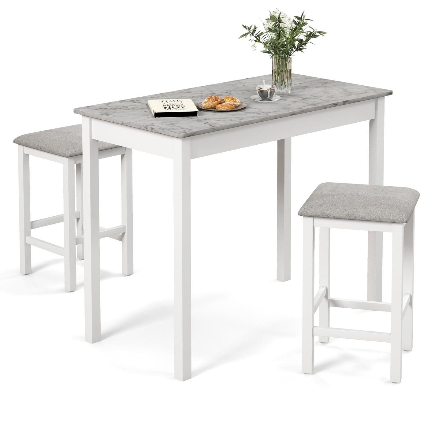 Modern Counter Height Dining Set with Table and 2 Padded Bar Stools in White Finish