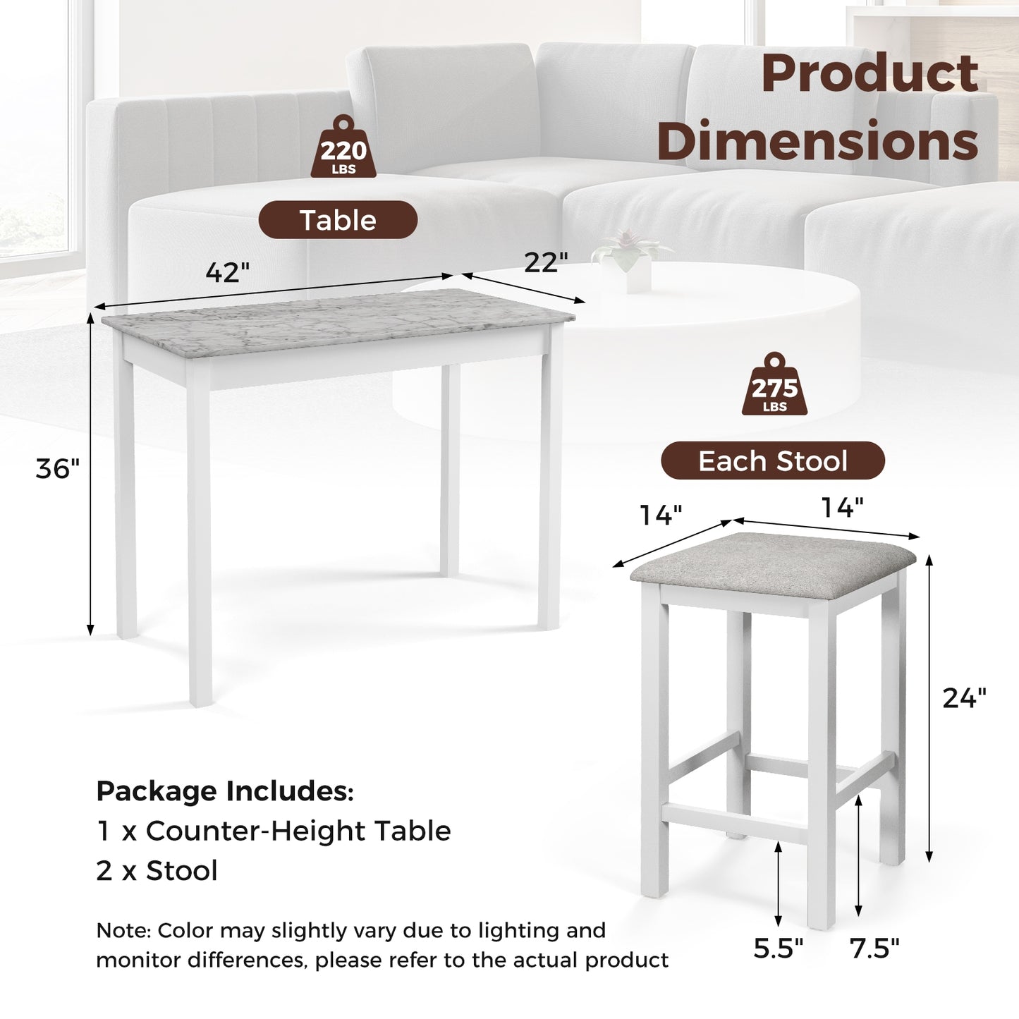 Modern Counter Height Dining Set with Table and 2 Padded Bar Stools in White Finish