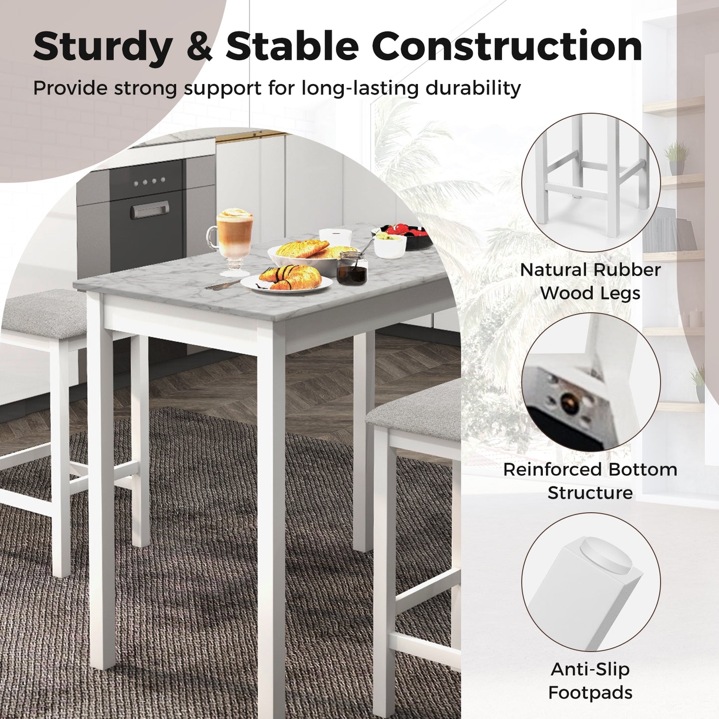Modern Counter Height Dining Set with Table and 2 Padded Bar Stools in White Finish
