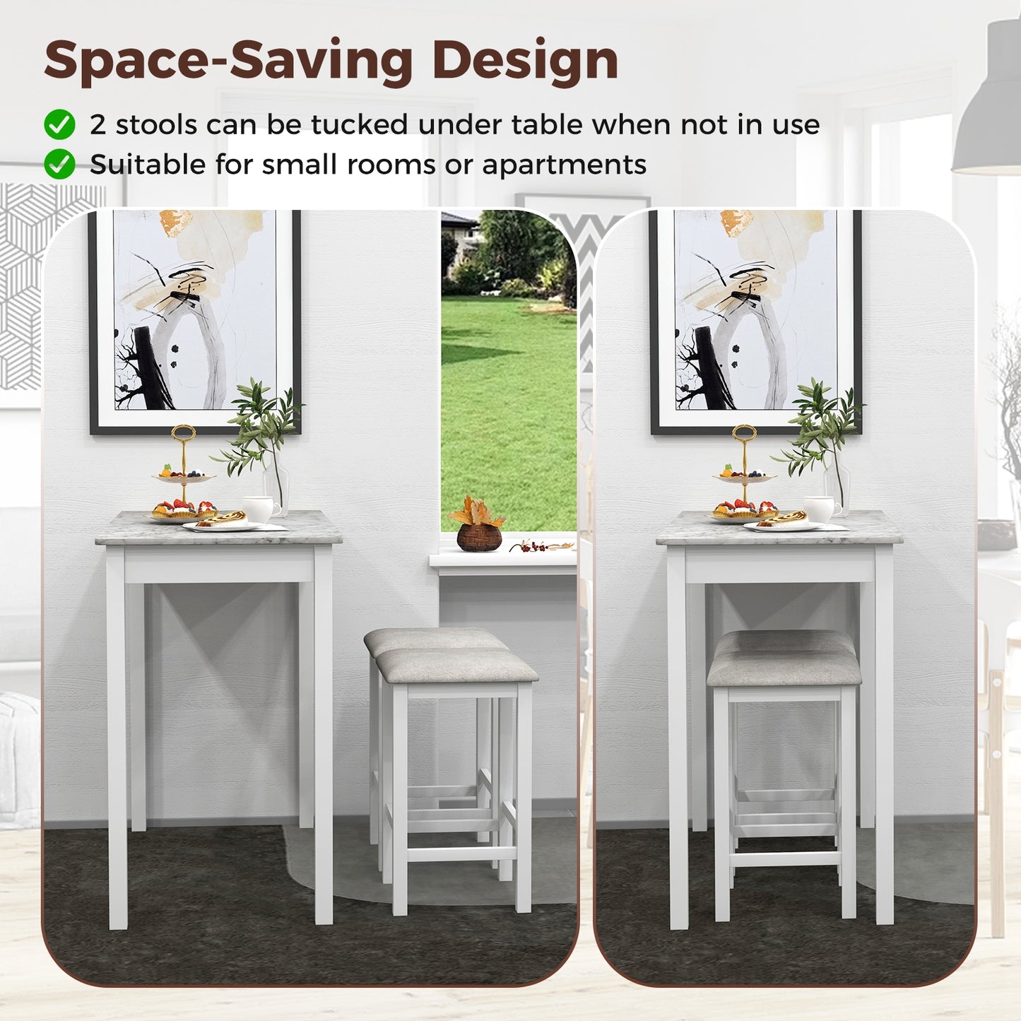 Modern Counter Height Dining Set with Table and 2 Padded Bar Stools in White Finish
