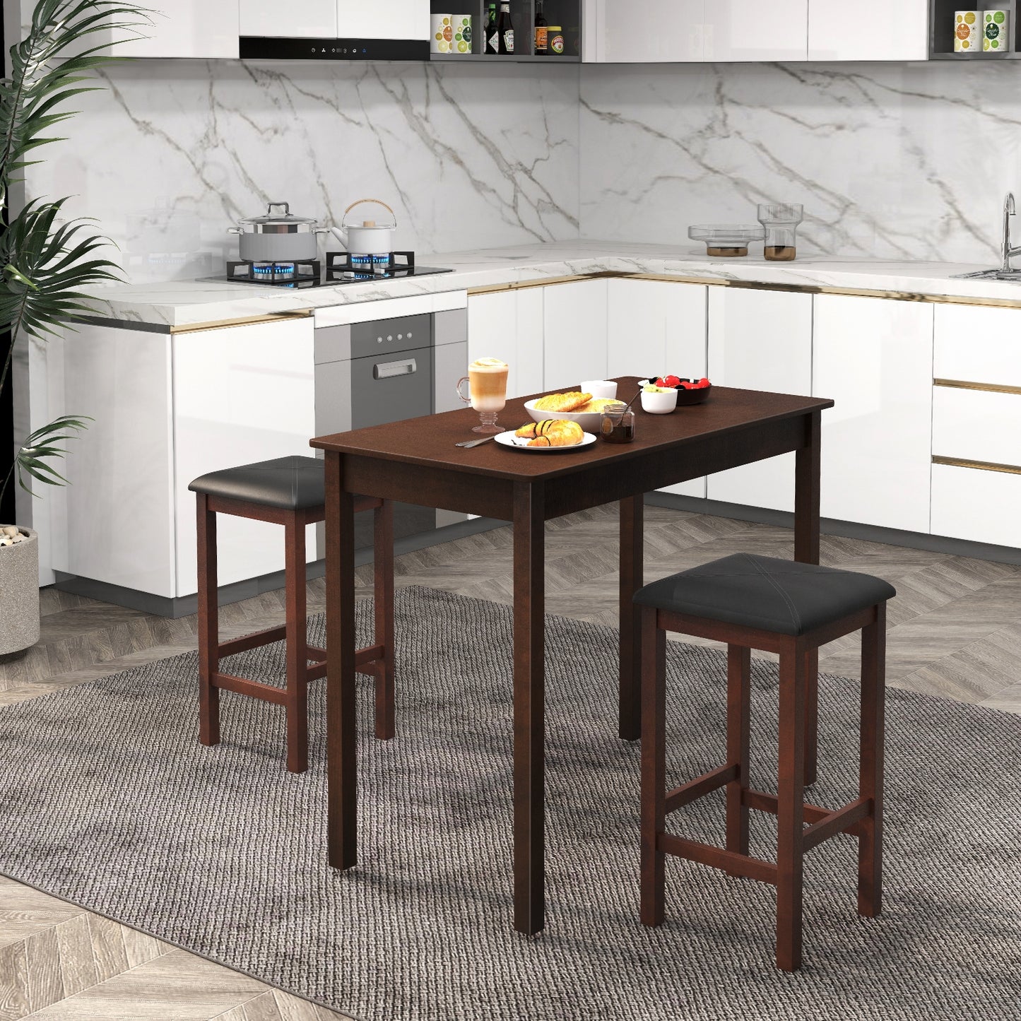 Modern Counter Height Dining Set with Table and 2 Padded Bar Stools in Brown Finish