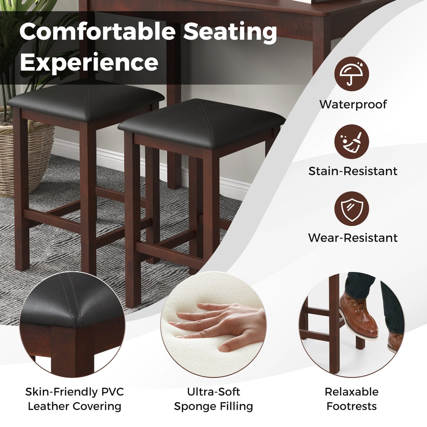 Modern Counter Height Dining Set with Table and 2 Padded Bar Stools in Brown Finish