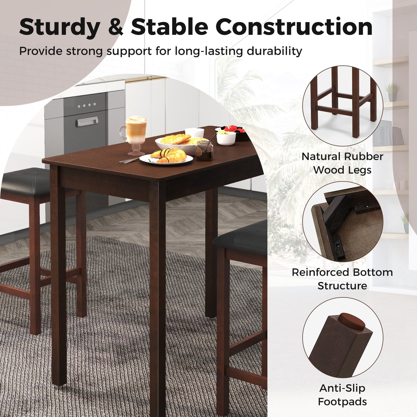 Modern Counter Height Dining Set with Table and 2 Padded Bar Stools in Brown Finish