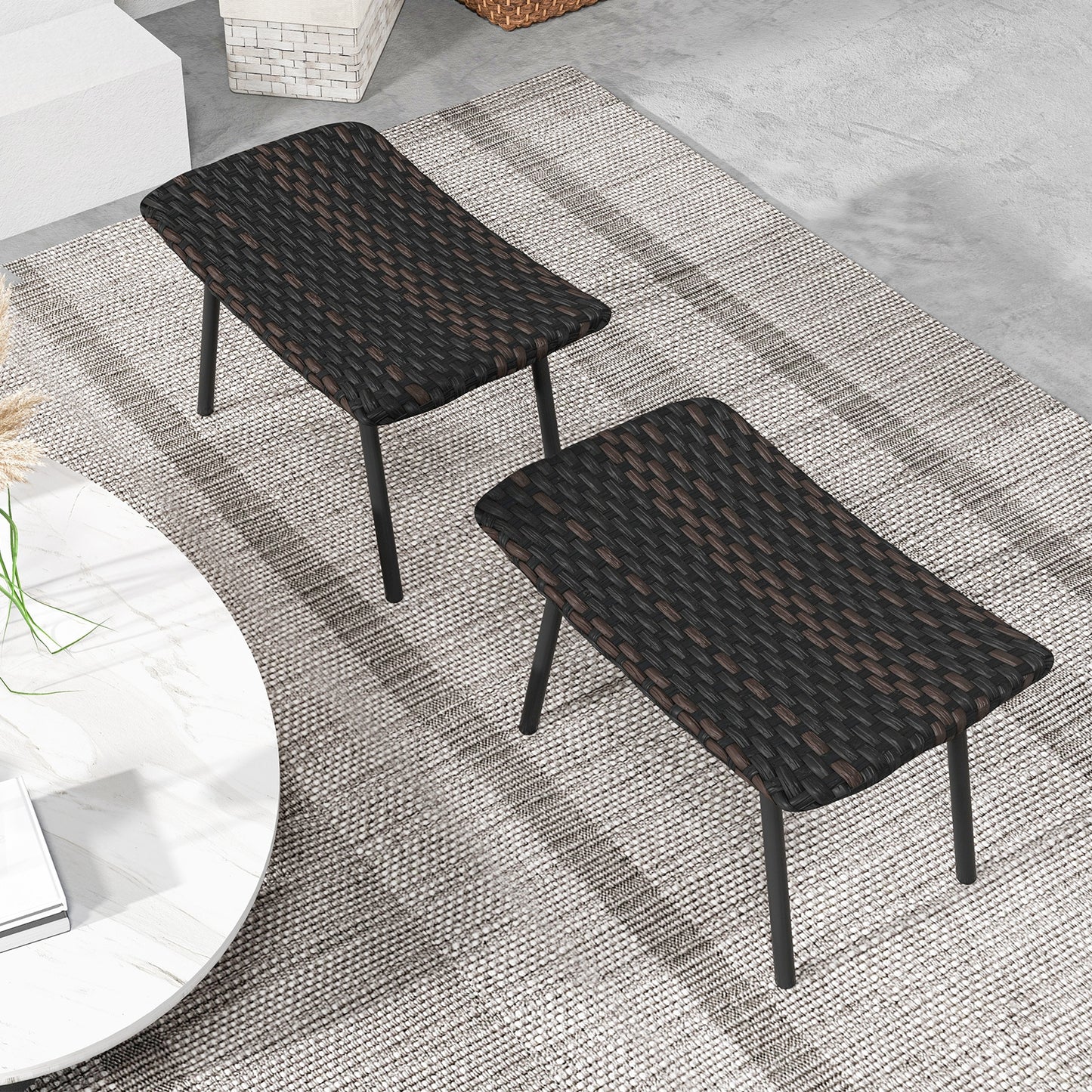 Outdoor Wicker Ottoman Set with Quick Dry Foam and Metal Legs for Patio or Garden Seating