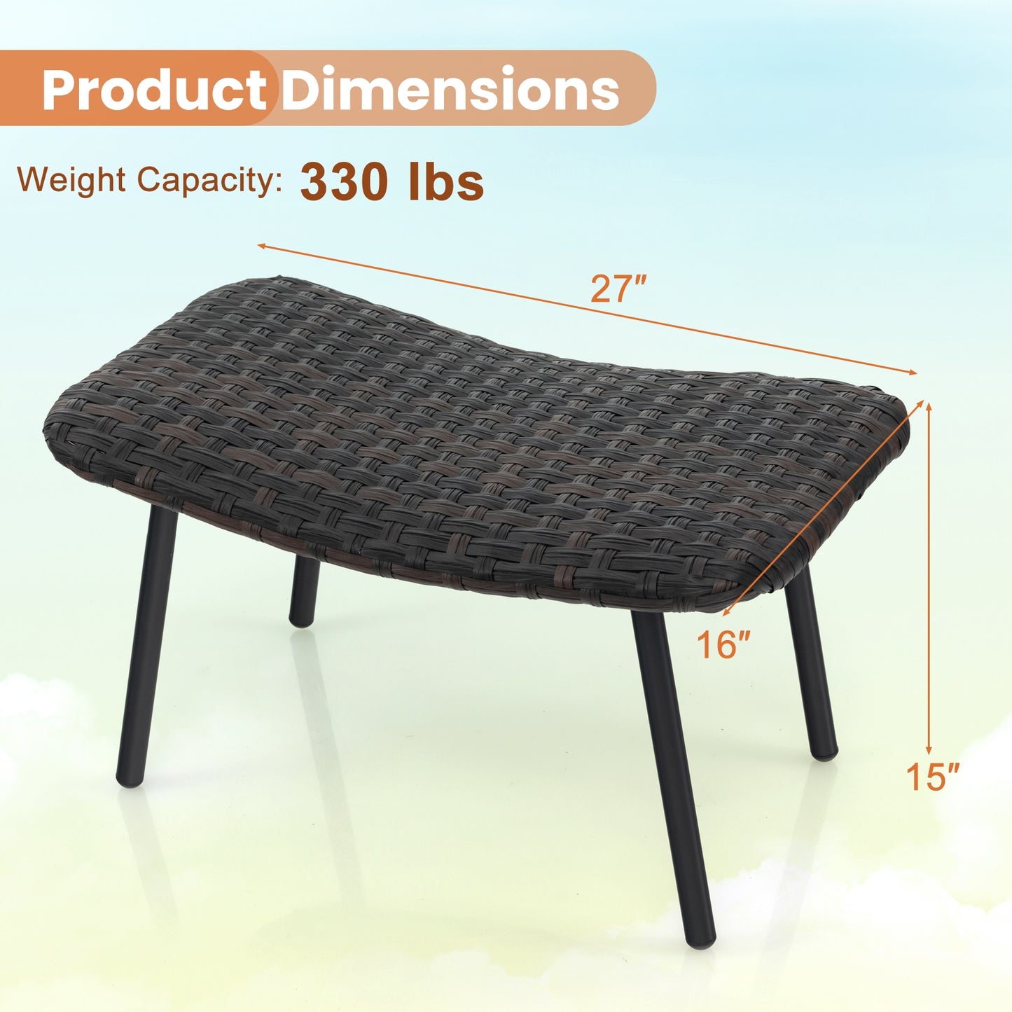 Outdoor Wicker Ottoman Set with Quick Dry Foam and Metal Legs for Patio or Garden Seating