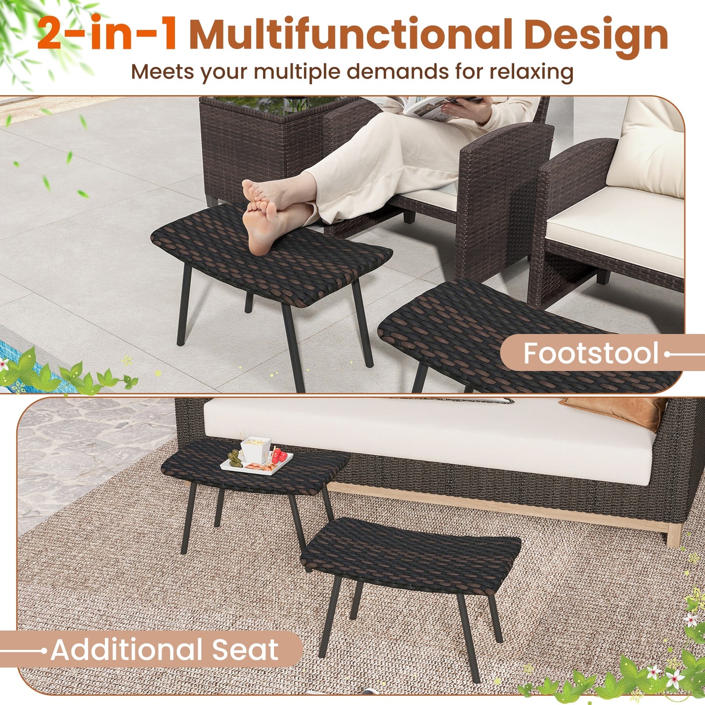 Outdoor Wicker Ottoman Set with Quick Dry Foam and Metal Legs for Patio or Garden Seating