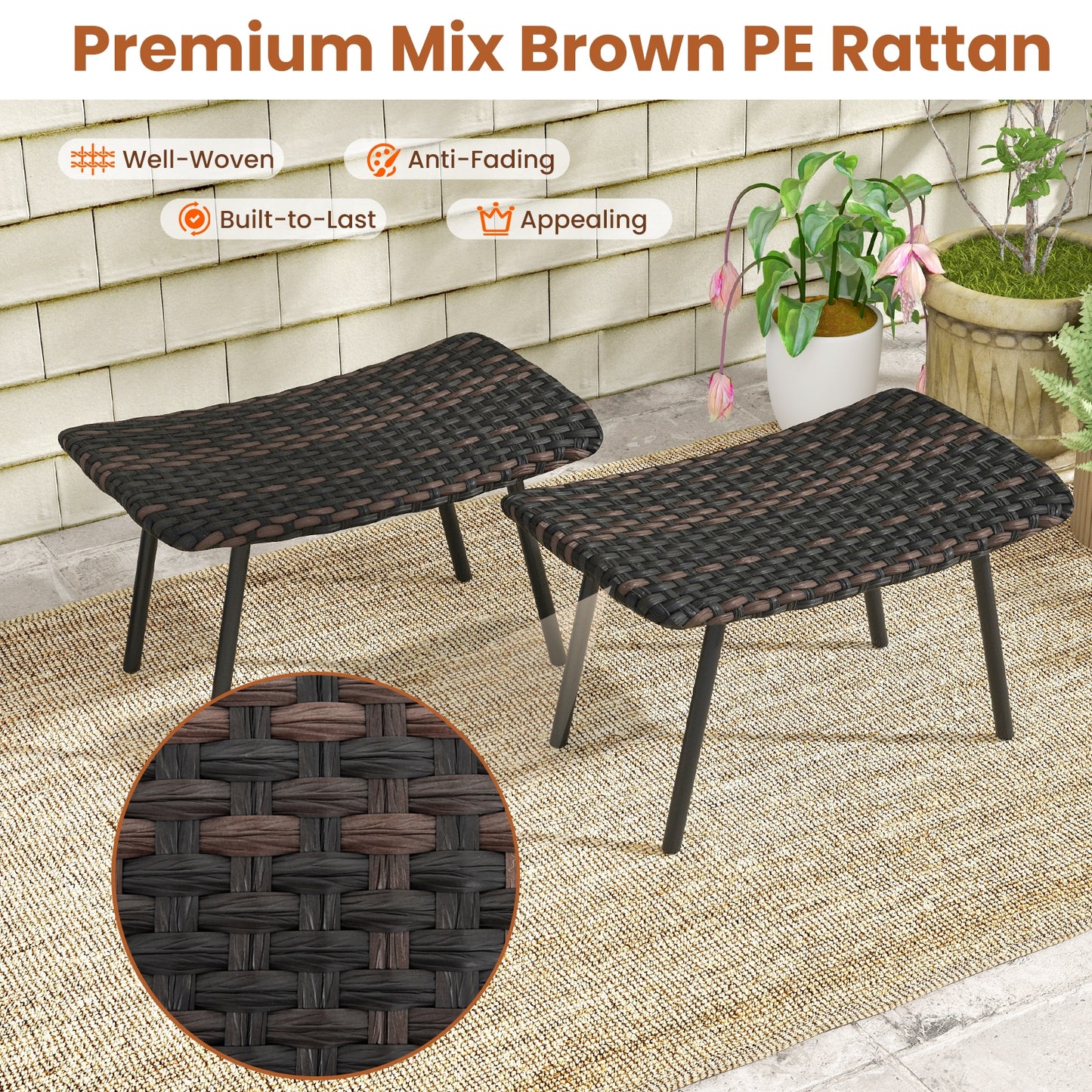 Outdoor Wicker Ottoman Set with Quick Dry Foam and Metal Legs for Patio or Garden Seating