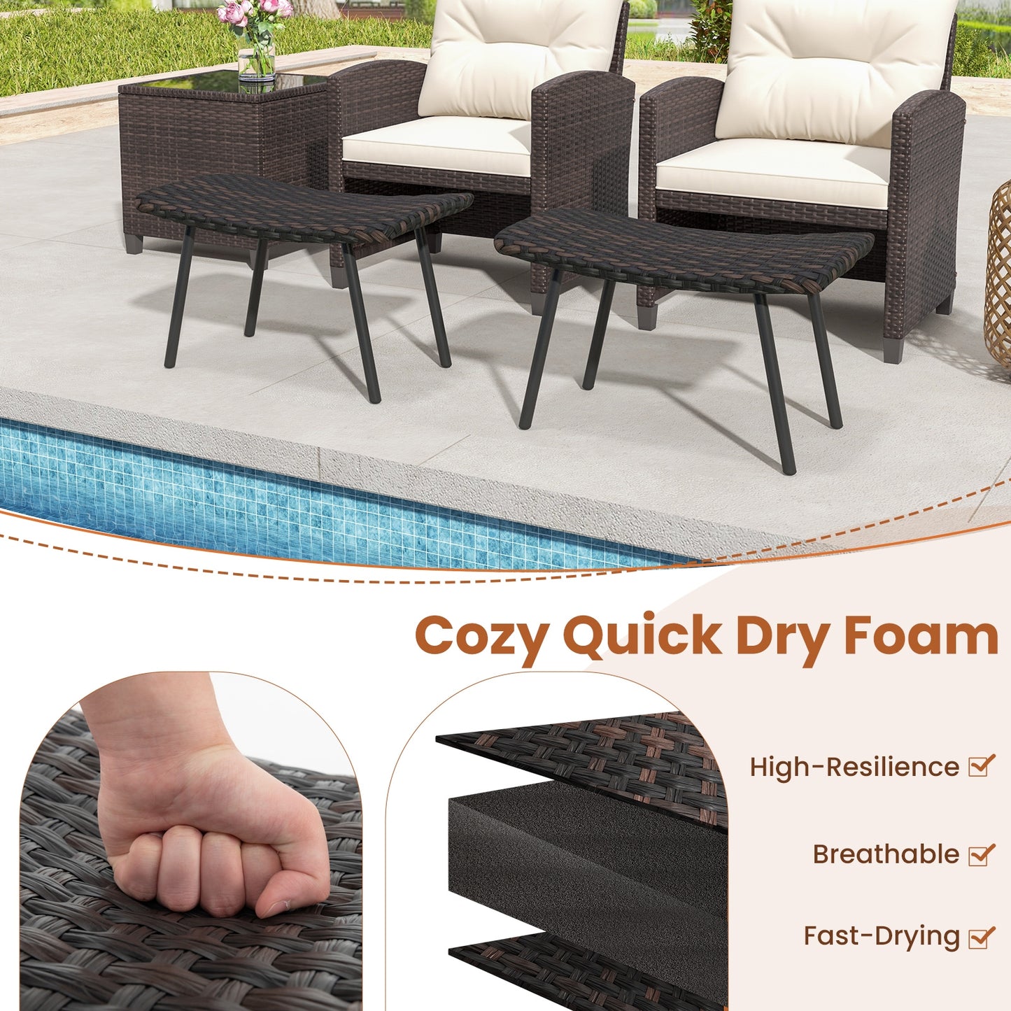 Outdoor Wicker Ottoman Set with Quick Dry Foam and Metal Legs for Patio or Garden Seating
