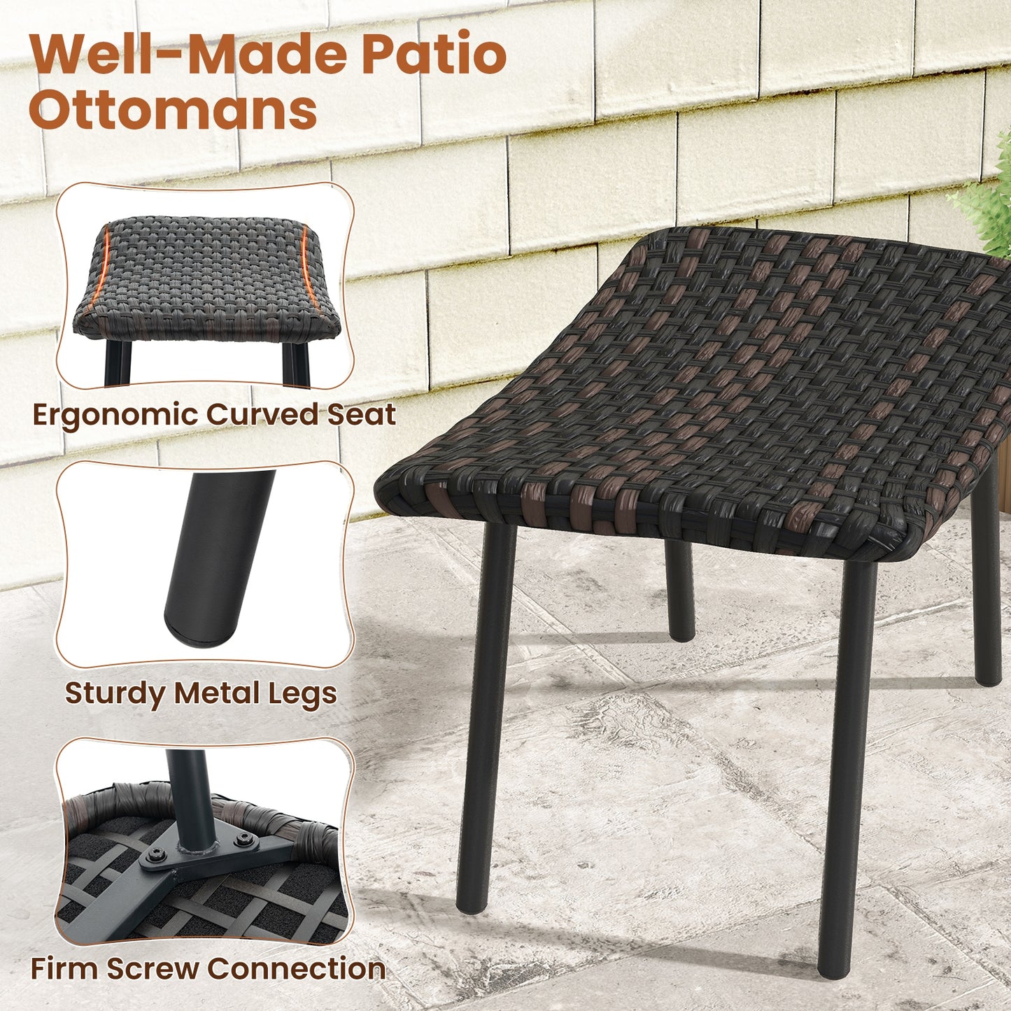 Outdoor Wicker Ottoman Set with Quick Dry Foam and Metal Legs for Patio or Garden Seating