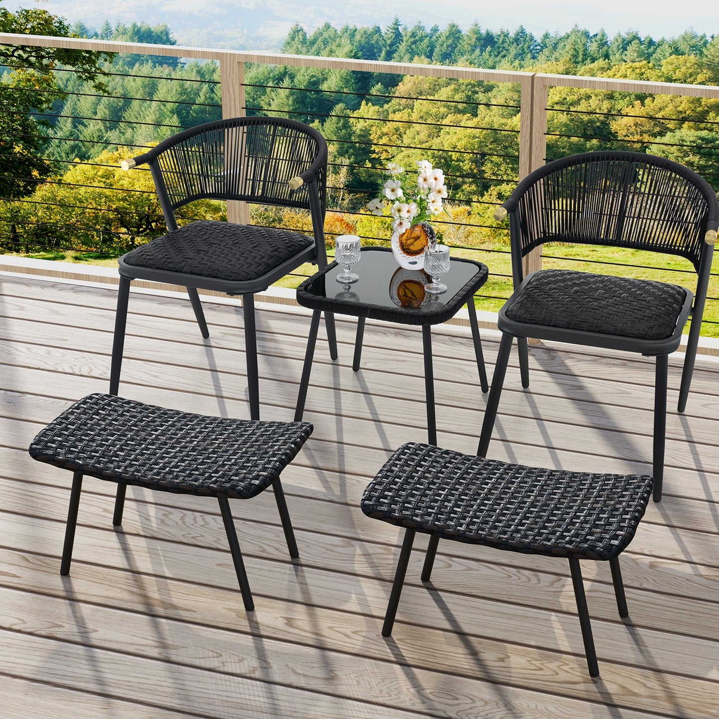 Outdoor Wicker Ottoman Set with Quick Dry Foam and Metal Legs for Patio or Garden Seating