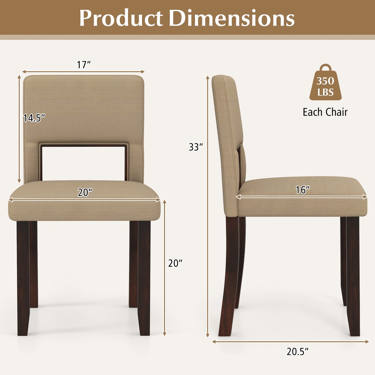 Modern Wooden Dining Chairs with Acacia Wood Frame and Padded Linen Seat and Back - Beige, Set of 2