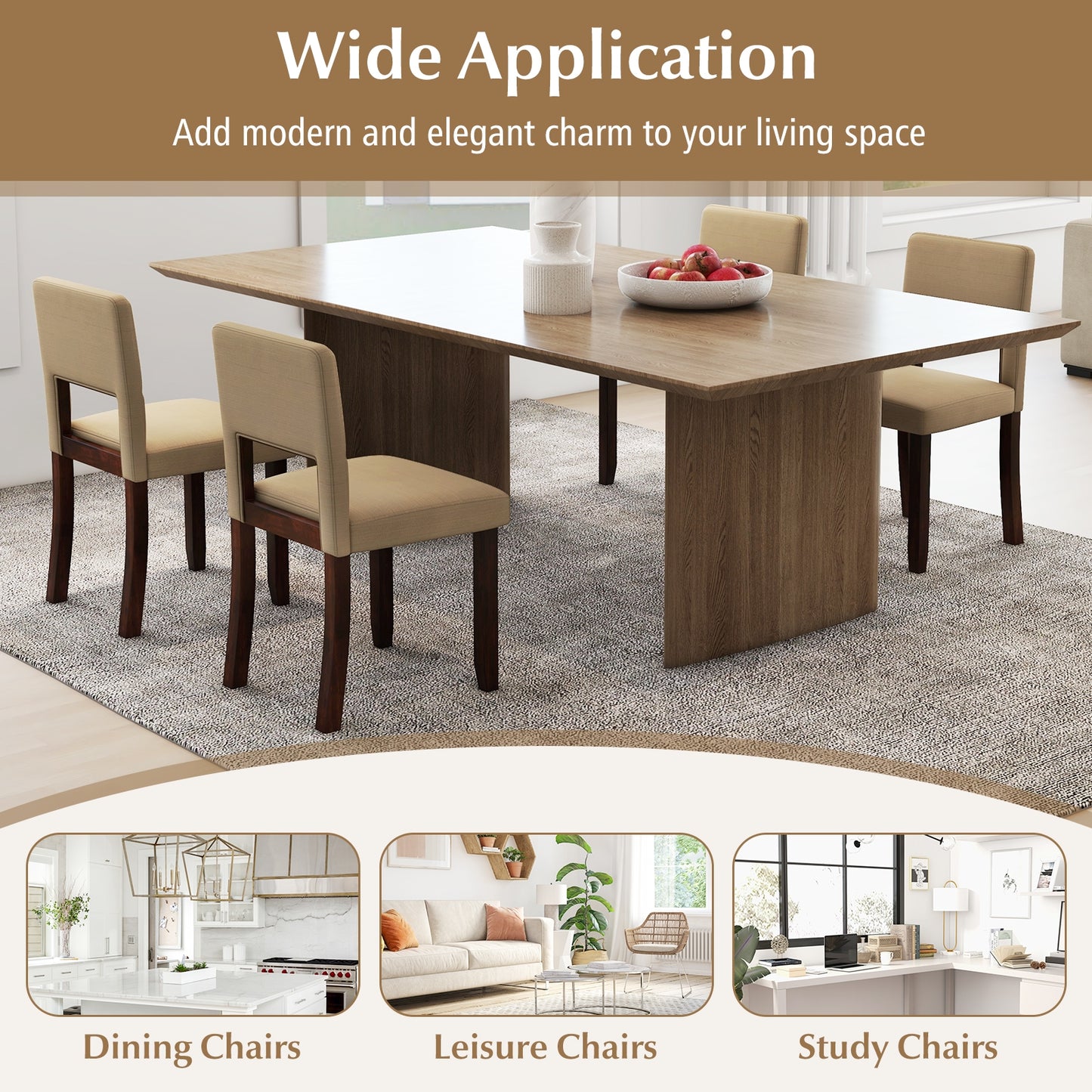 Modern Wooden Dining Chairs with Acacia Wood Frame and Padded Linen Seat and Back - Beige, Set of 2